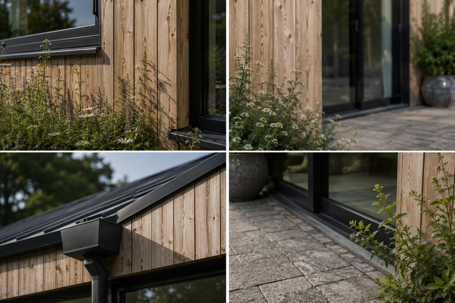 Conifers – Architectural detail collage showing timber cladding, aluminium window reveals, rainwater goods and landscaping details on contemporary Suffolk bungalow remodel