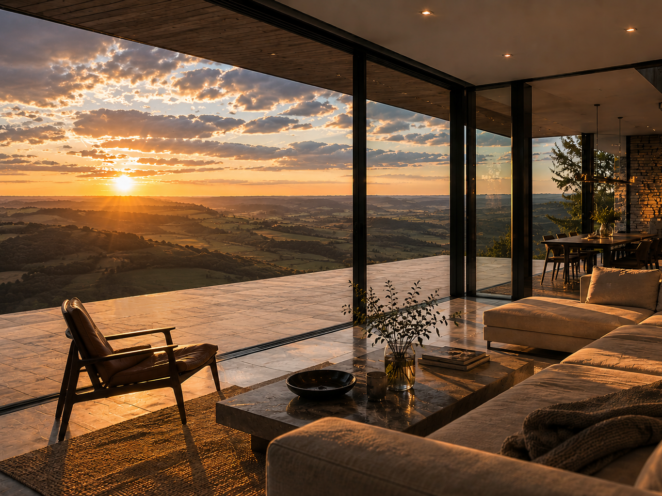 Wood Hill - interior living space with panoramic countryside views across the Hampshire hillside at sunset