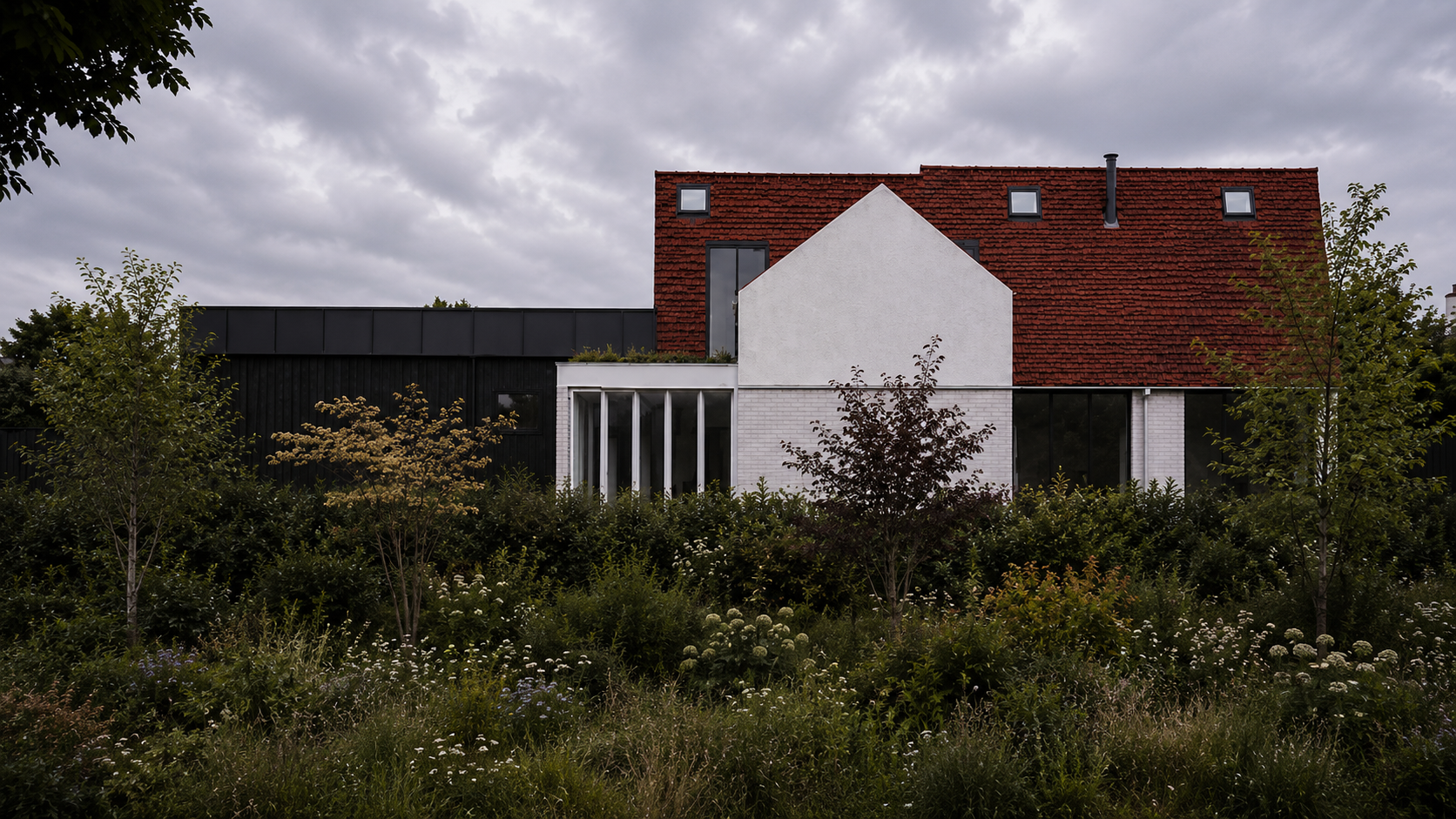 Rear elevation of the contemporary Whittlesford extension project in Cambridgeshire, featuring white render, black timber cladding and naturalistic planting within a wild garden setting