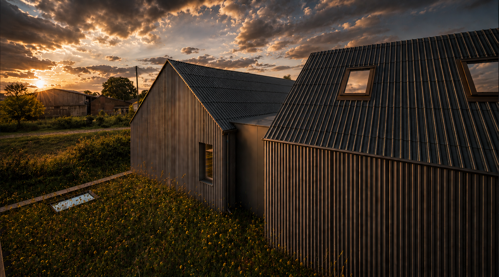 Cockfield Hall Farm barn-style buildings and wildflower green roof at sunset, with traditional farm buildings in the Suffolk countryside beyond.