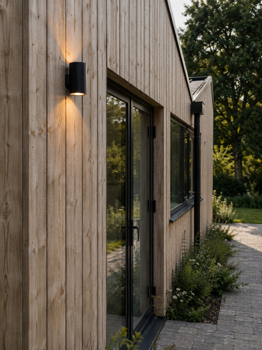 Conifers – Close-up architectural photograph of vertical timber cladding, aluminium glazing and landscaped pathway on contemporary Suffolk bungalow extension
