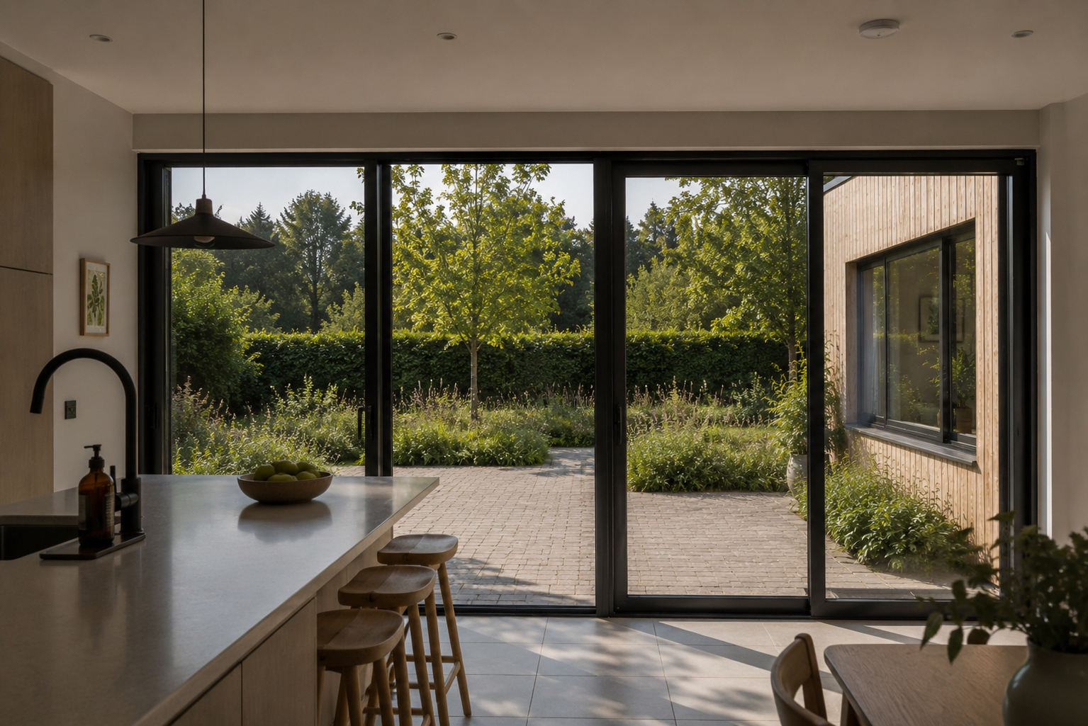 Conifers – Contemporary kitchen interior with island and full-height aluminium glazing overlooking landscaped garden in Suffolk bungalow remodel