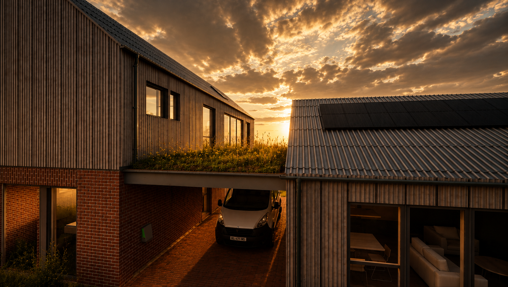Cockfield Hall Farm courtyard view showing the covered car port beneath a wildflower green roof, with brick and corrugated fibre cement clad buildings illuminated by dramatic sunset light