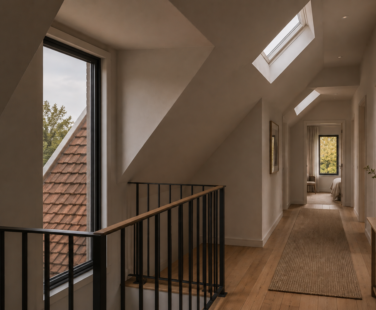 First floor corridor within a contemporary Whittlesford home featuring vaulted ceilings, rooflights, recessed dormer window and natural oak flooring illuminated by soft daylight.