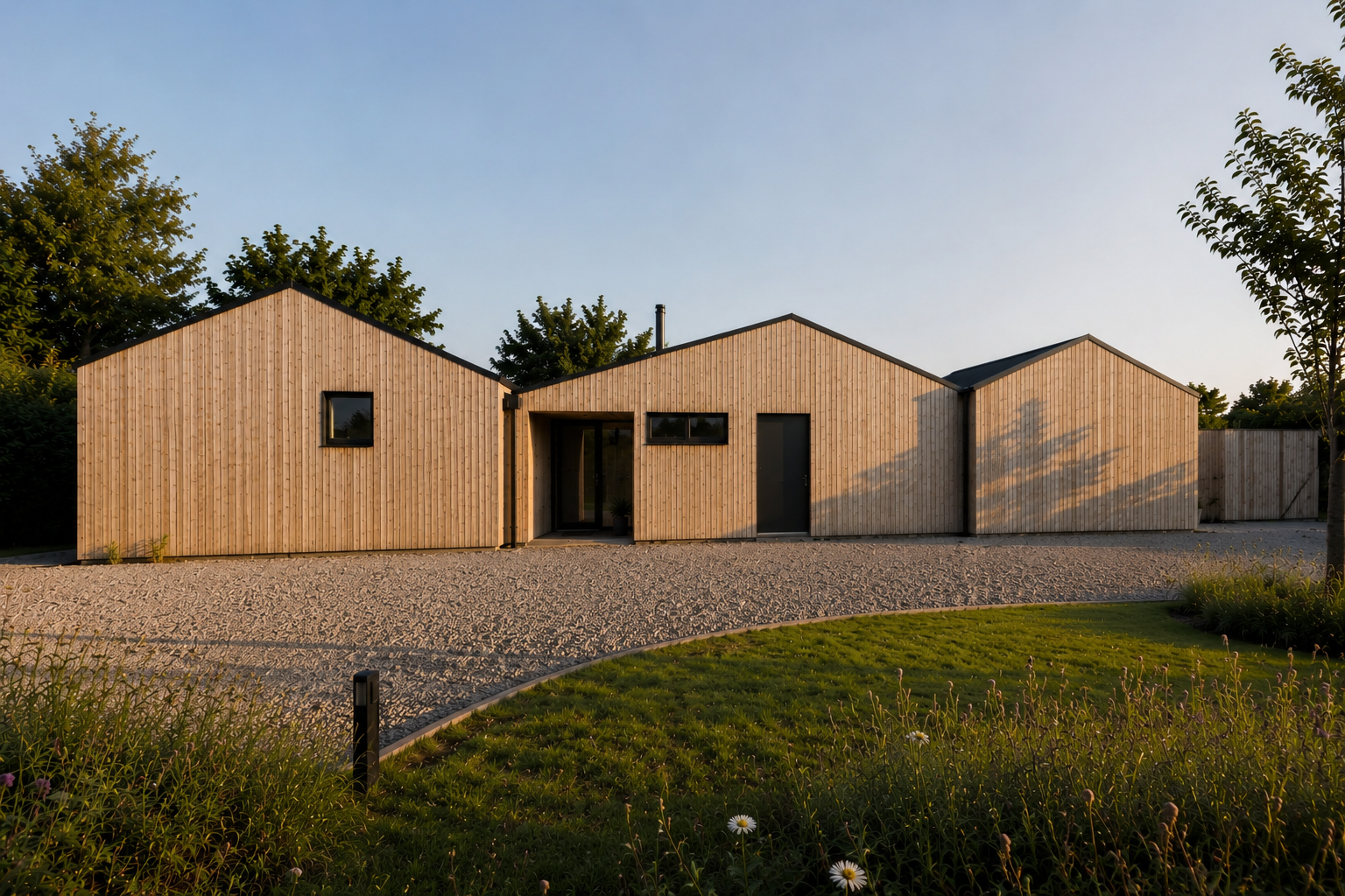 A modern house with a wooden exterior, set against a backdrop of trees, during sunset. The house has a gravel pathway and a small patch of grass with flowers in the foreground.