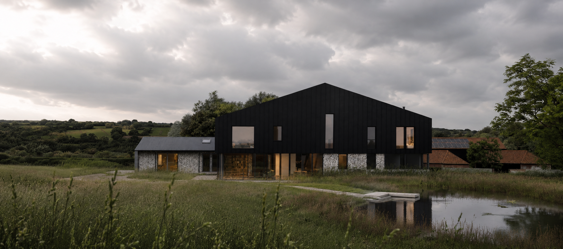 Bungalow Farm – South view architectural render of the contemporary replacement dwelling and wildlife pond in Cretingham, Suffolk