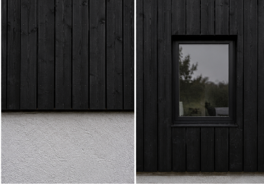 Half House – Material detail images showing black timber cladding, rendered base wall and recessed window detailing on contemporary new-build house in Cambridge by Fen Studio Architects