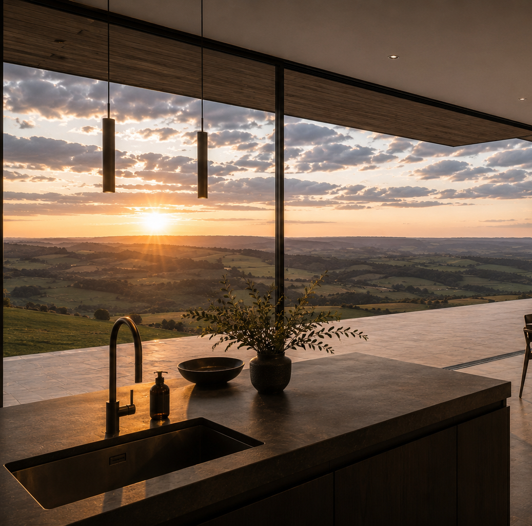 Wood Hill - kitchen and dining space with panoramic sunset views across the Hampshire countryside