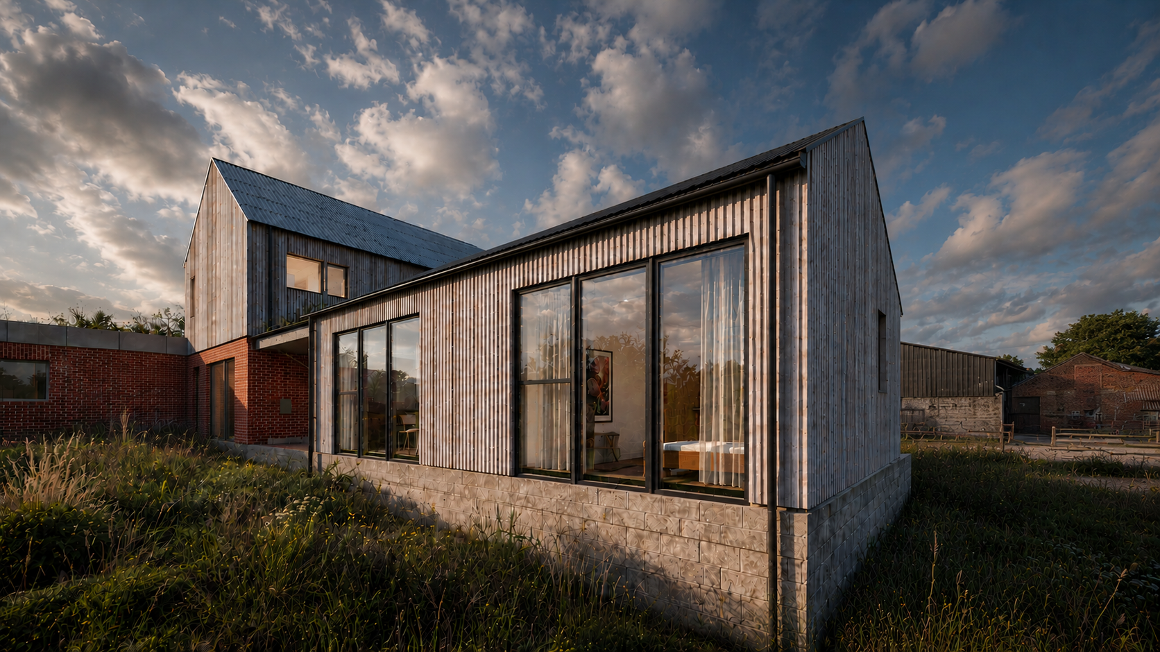 Cockfield Hall Farm contemporary barn-style extension in Suffolk featuring timber cladding, large glazed openings, and naturalistic planting, photographed in warm evening light during the final stages of construction.