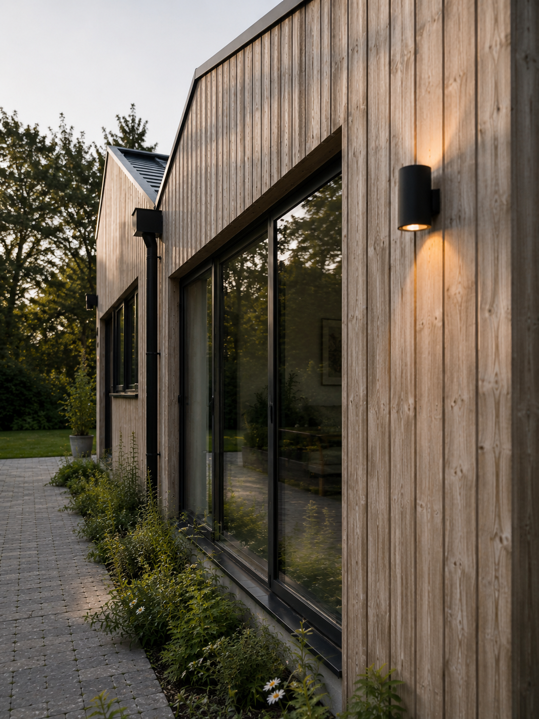 Conifers – Contemporary timber-clad bungalow extension with large aluminium glazing and landscaped planting in Suffolk