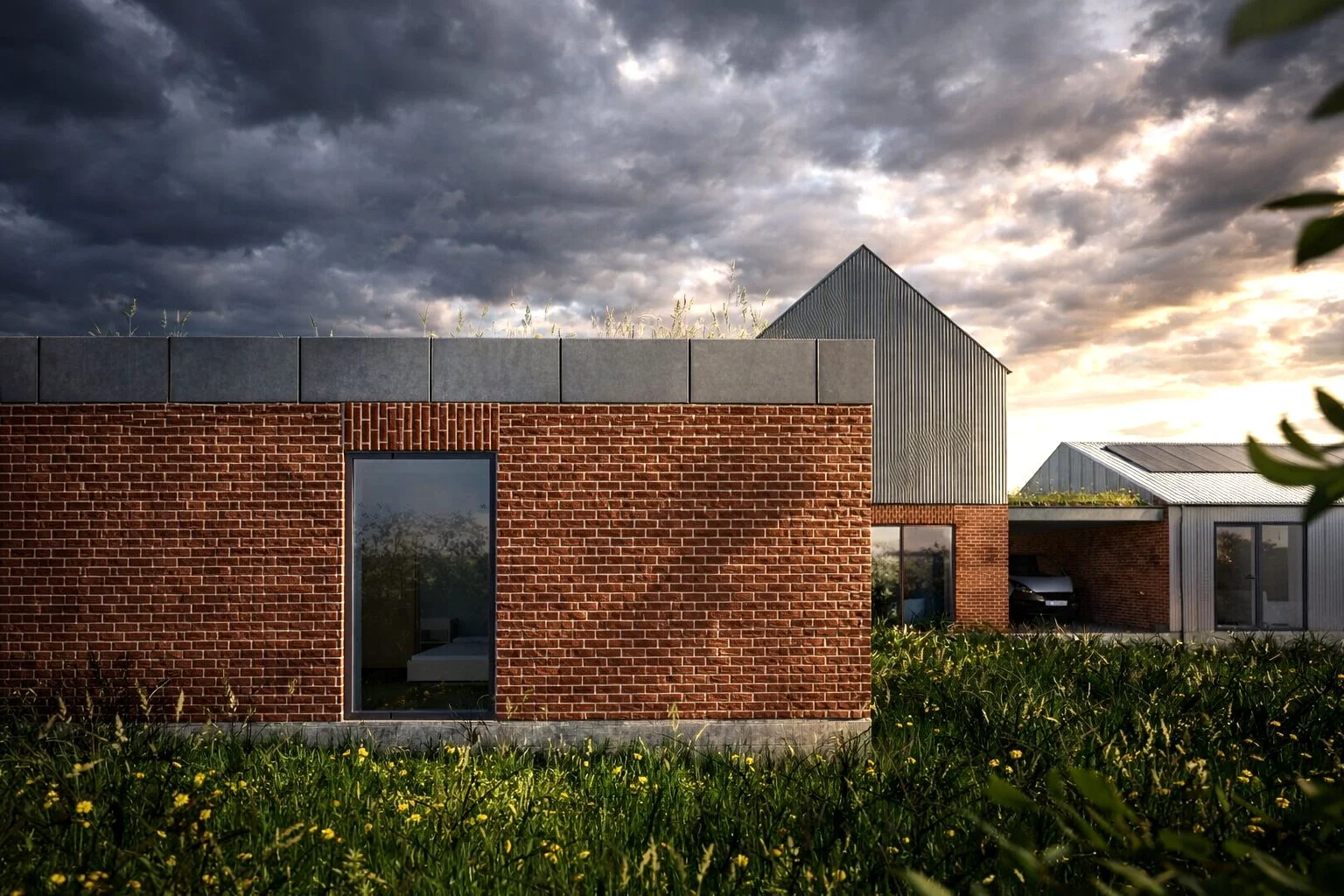 Cockfield Hall Farm – Brick and timber-clad elevation of contemporary low-energy replacement dwelling in Westerfield, Suffolk