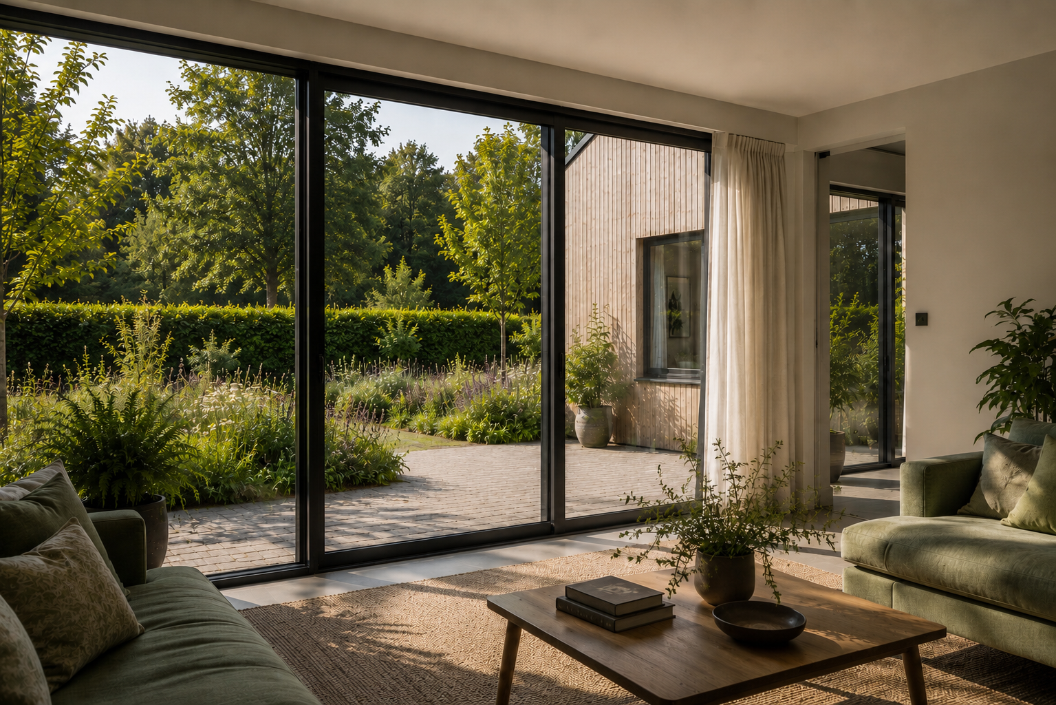 Conifers – Contemporary lounge interior with large aluminium sliding doors overlooking landscaped garden at timber-clad Suffolk bungalow extension