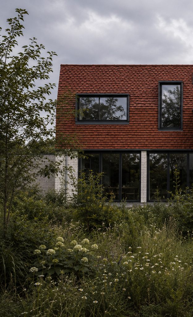 Rear elevation of the contemporary Whittlesford extension project in Cambridgeshire, featuring white render, black timber cladding and naturalistic planting within a wild garden setting