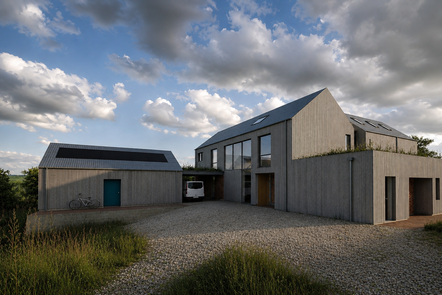 Cockfield Hall Farm – Contemporary timber-clad low-energy replacement dwelling with photovoltaic array in Westerfield, Suffolk
