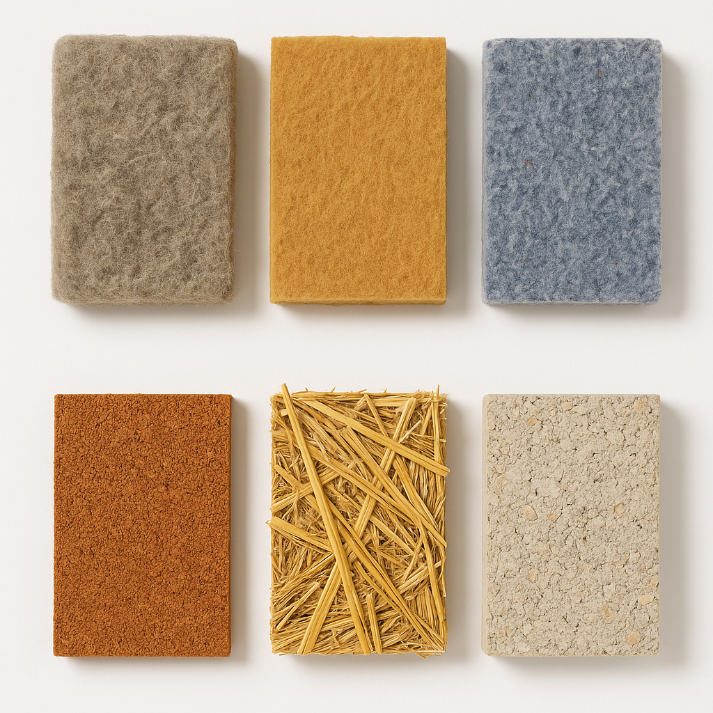 Examples of natural insulation materials including sheep’s wool, wood fibre, recycled denim, cork, straw and hempcrete