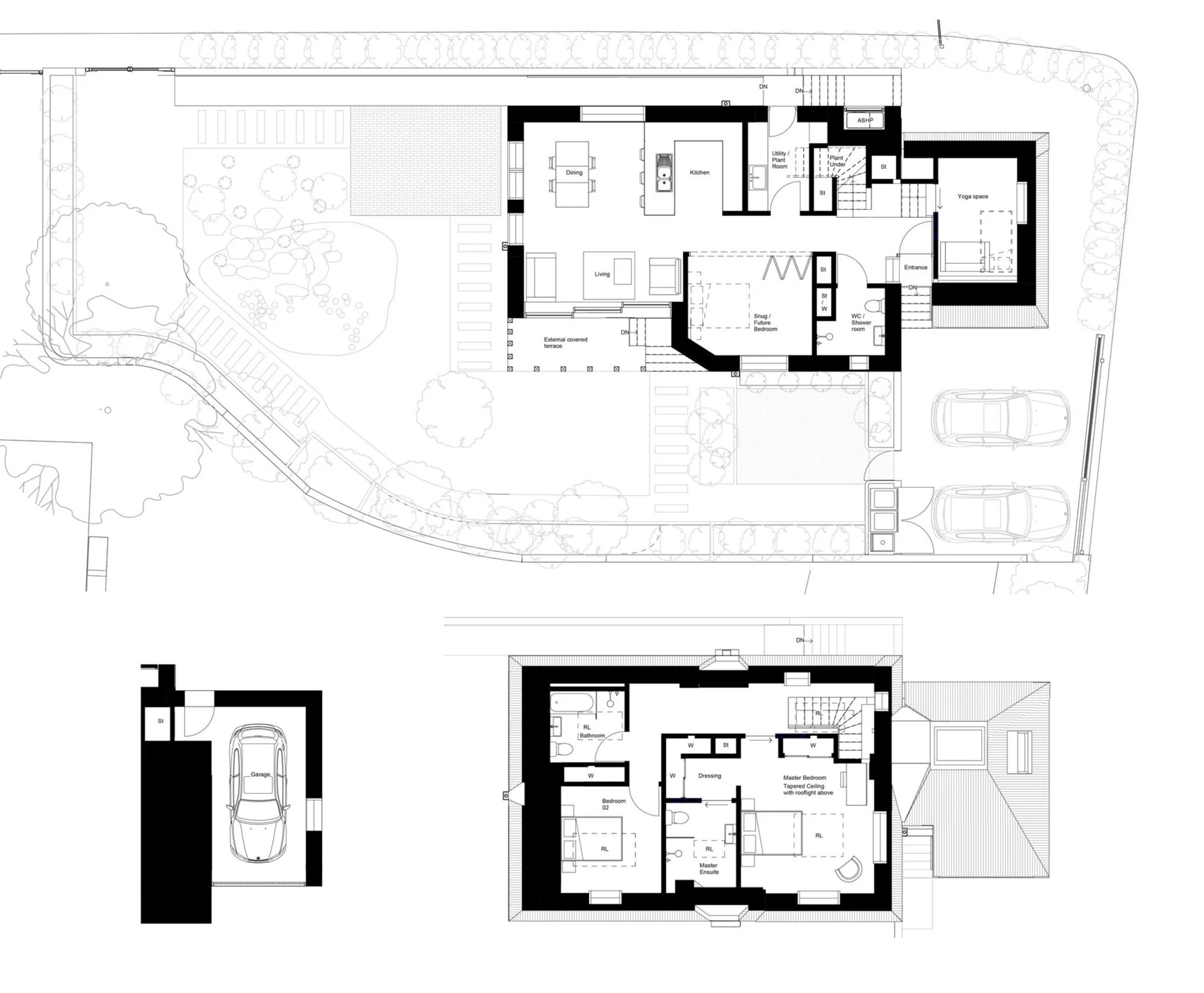 The Studio - Architectural floor plans of the proposed Waldringfield dwelling, showing ground floor, first floor, and garage layout