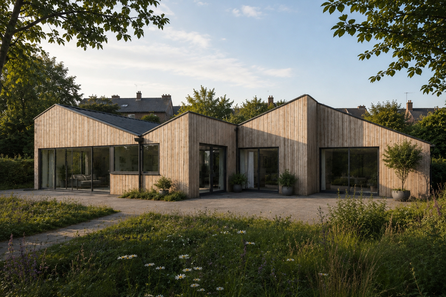Conifers – Rear elevation view of contemporary timber-clad bungalow remodel and extension with aluminium glazing in Suffolk