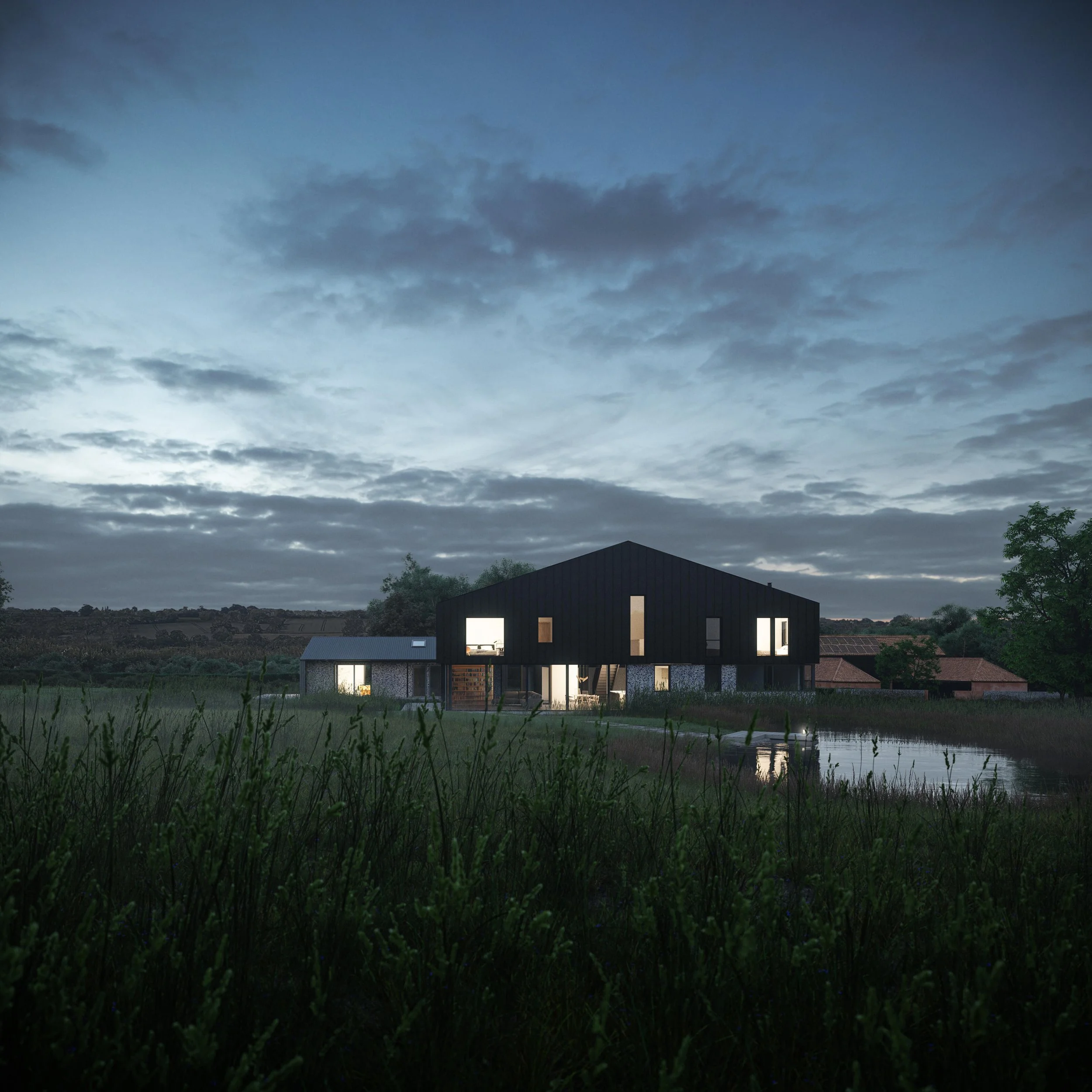 Bungalow Farm – Evening south view architectural render of the contemporary replacement dwelling and wildlife pond in Cretingham, Suffolk