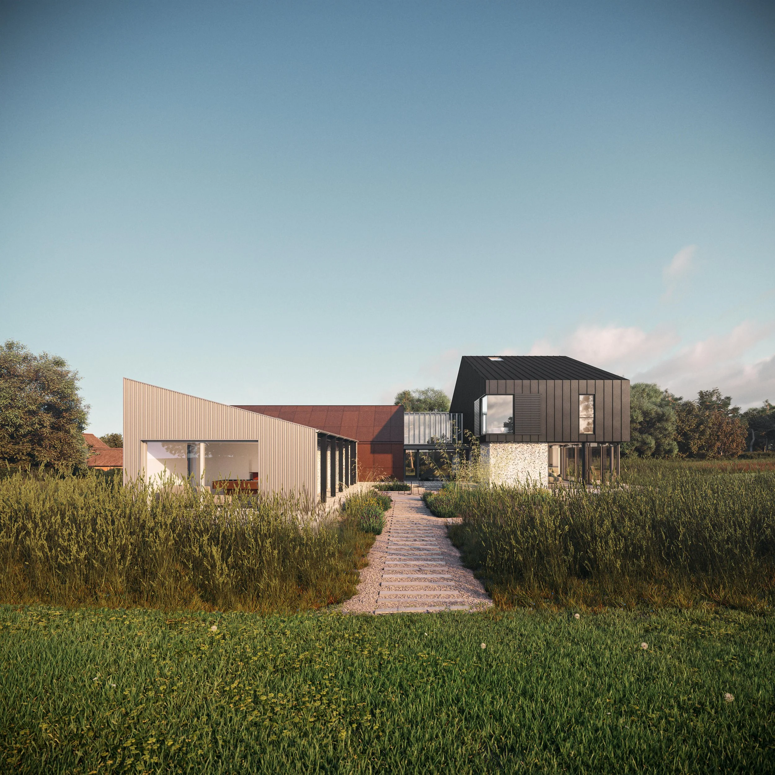 Bungalow Farm – Entrance view architectural render of the contemporary replacement dwelling in Cretingham, Suffolk surrounded by natural meadow landscaping