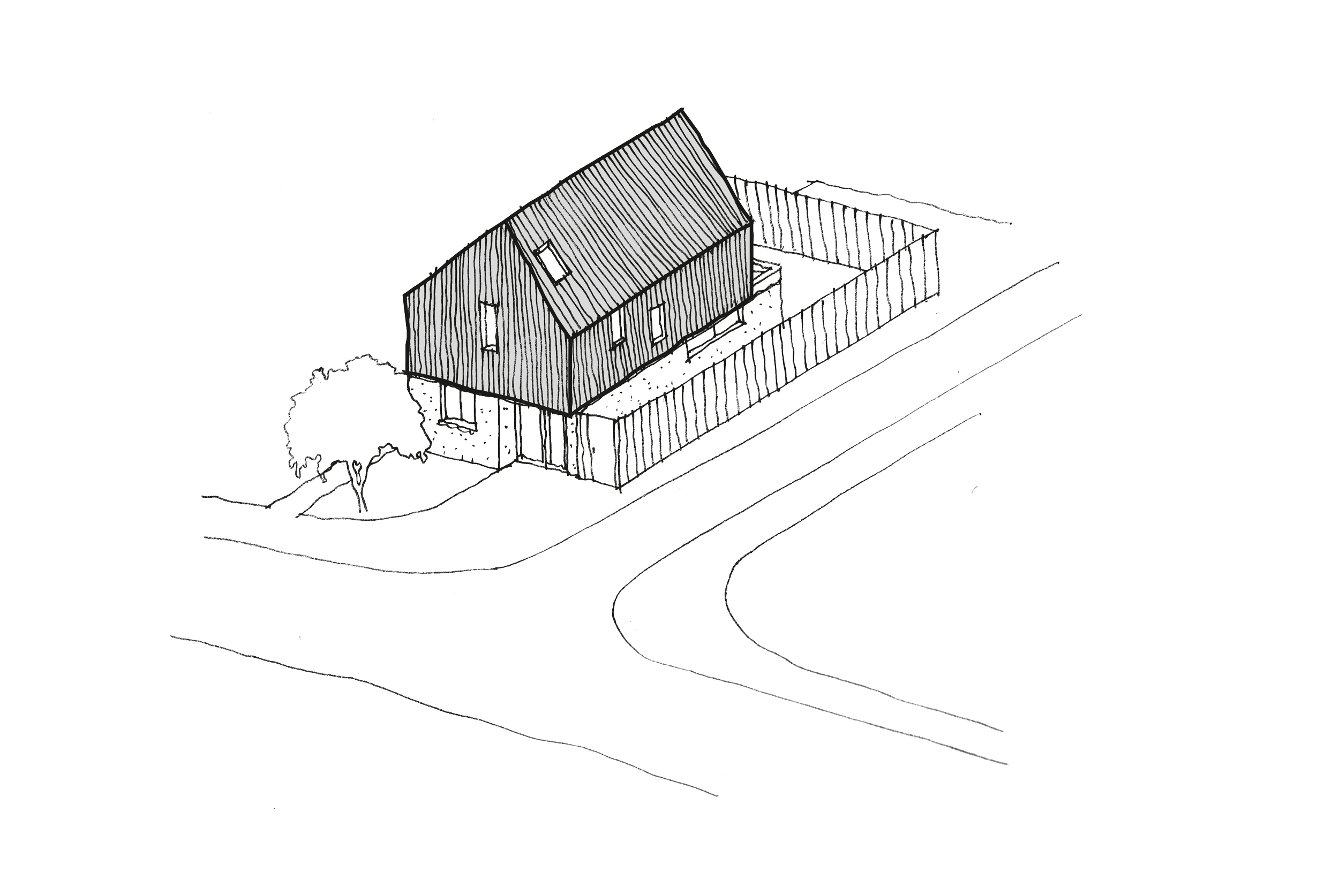 Half House – Early concept perspective sketch showing the contemporary pitched-form house design on a corner plot in Cambridge by Fen Studio Architects