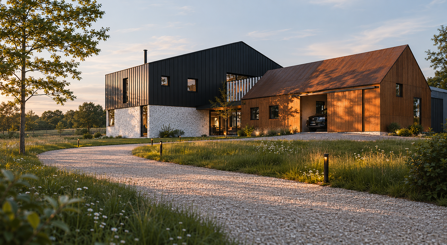 Bungalow Farm – Entrance drive architectural render of the contemporary replacement dwelling in Cretingham, Suffolk with wild meadow landscaping and rural setting