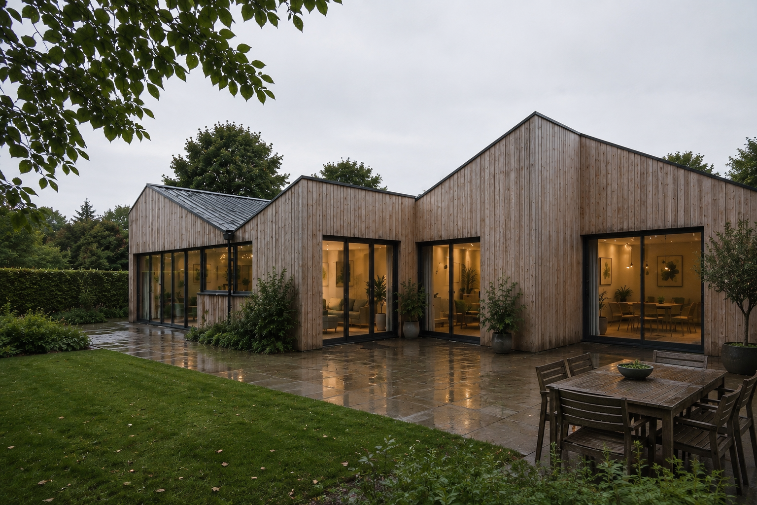 Conifers – Rear courtyard view of contemporary timber-clad bungalow extension in Suffolk with glazed living spaces and rain-soaked patio at dusk