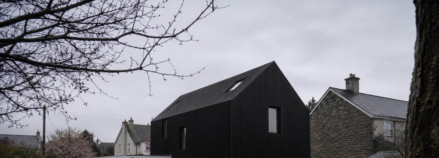 Half House – Angled side view of contemporary black timber-clad new-build house in Cambridge by Fen Studio Architects
