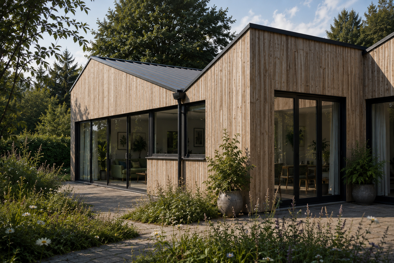 Conifers - Contemporary timber-clad extension with large glazed openings in Suffolk