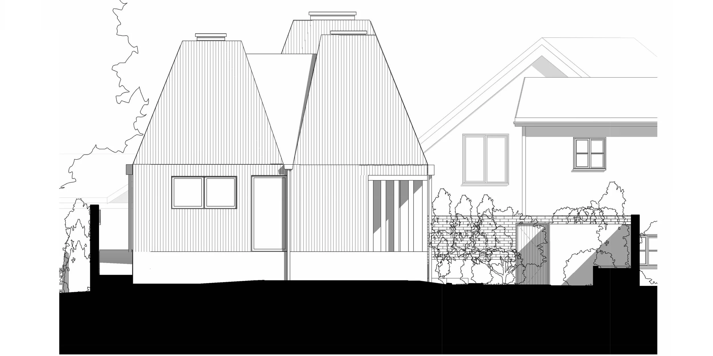 The Studio – West elevation of proposed replacement dwelling in Waldringfield, showing tapered kiln-like roof forms