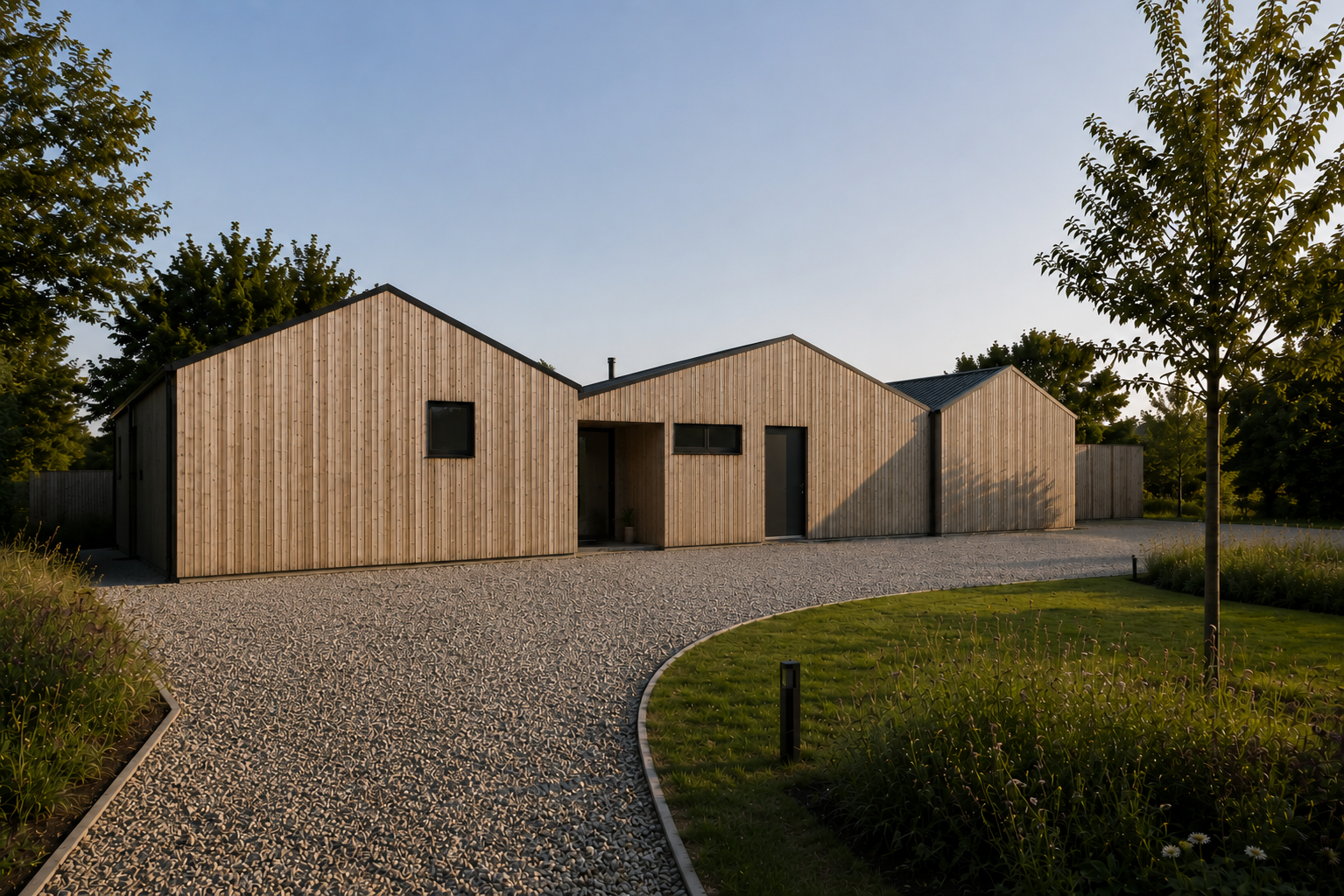 Conifers – Front approach view of contemporary timber-clad bungalow remodel with landscaped gravel driveway in Suffolk