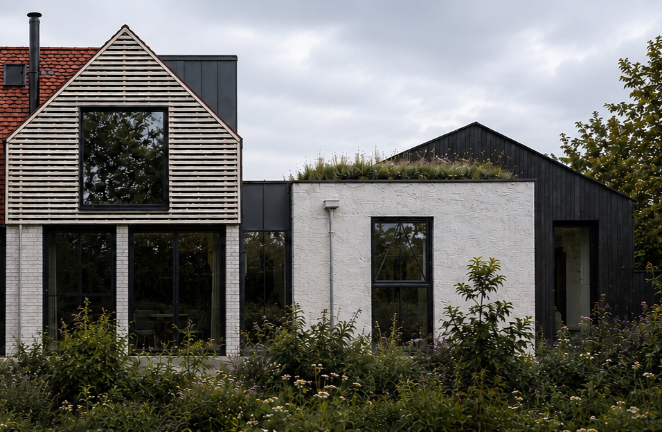 Rear elevation of a contemporary Whittlesford house featuring timber screening, white rendered walls, dark timber cladding, biodiverse roof planting and naturalistic wildflower garden landscaping.