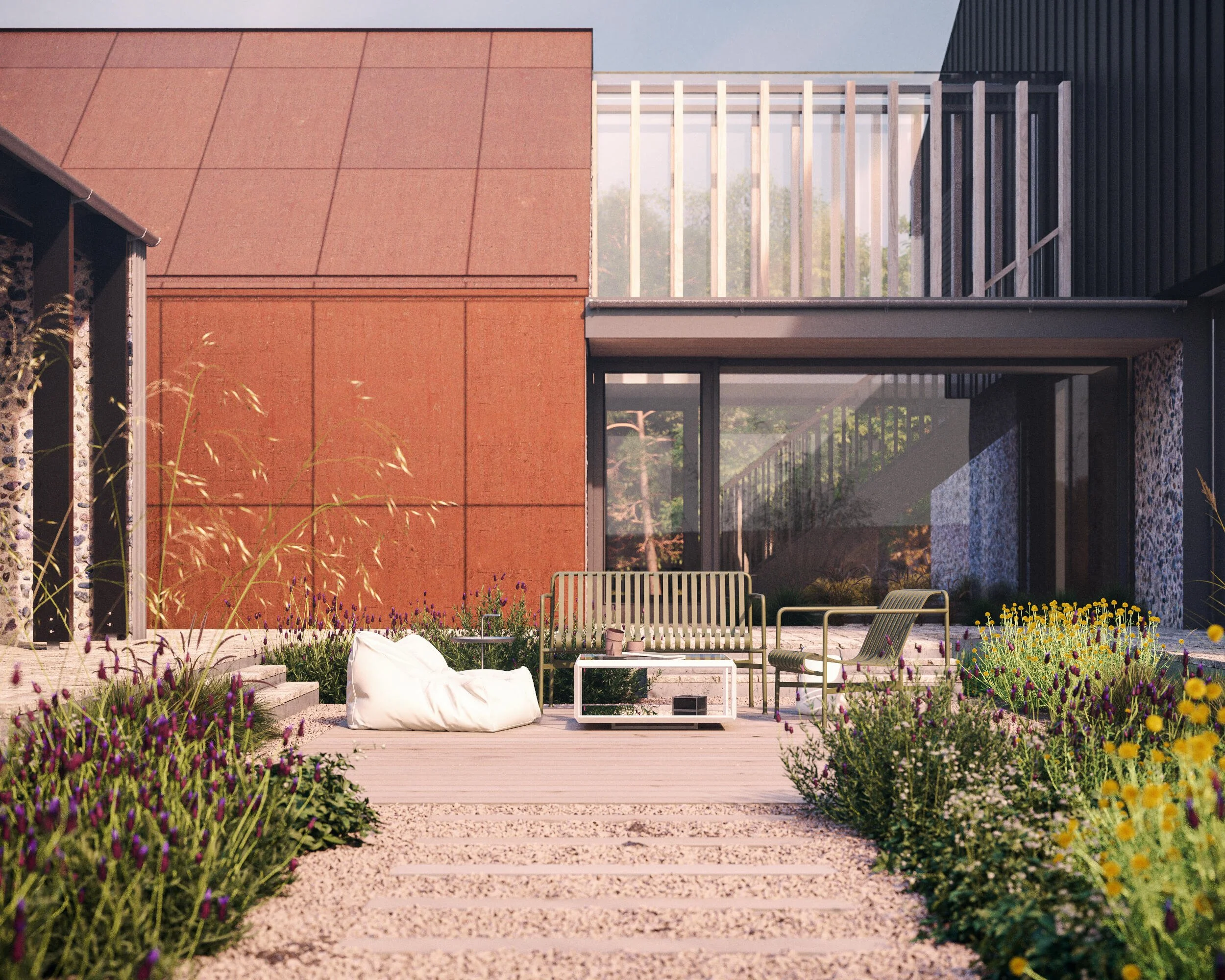 Bungalow Farm – Courtyard terrace architectural render showing landscaped outdoor living spaces within the contemporary replacement dwelling in Cretingham, Suffolk