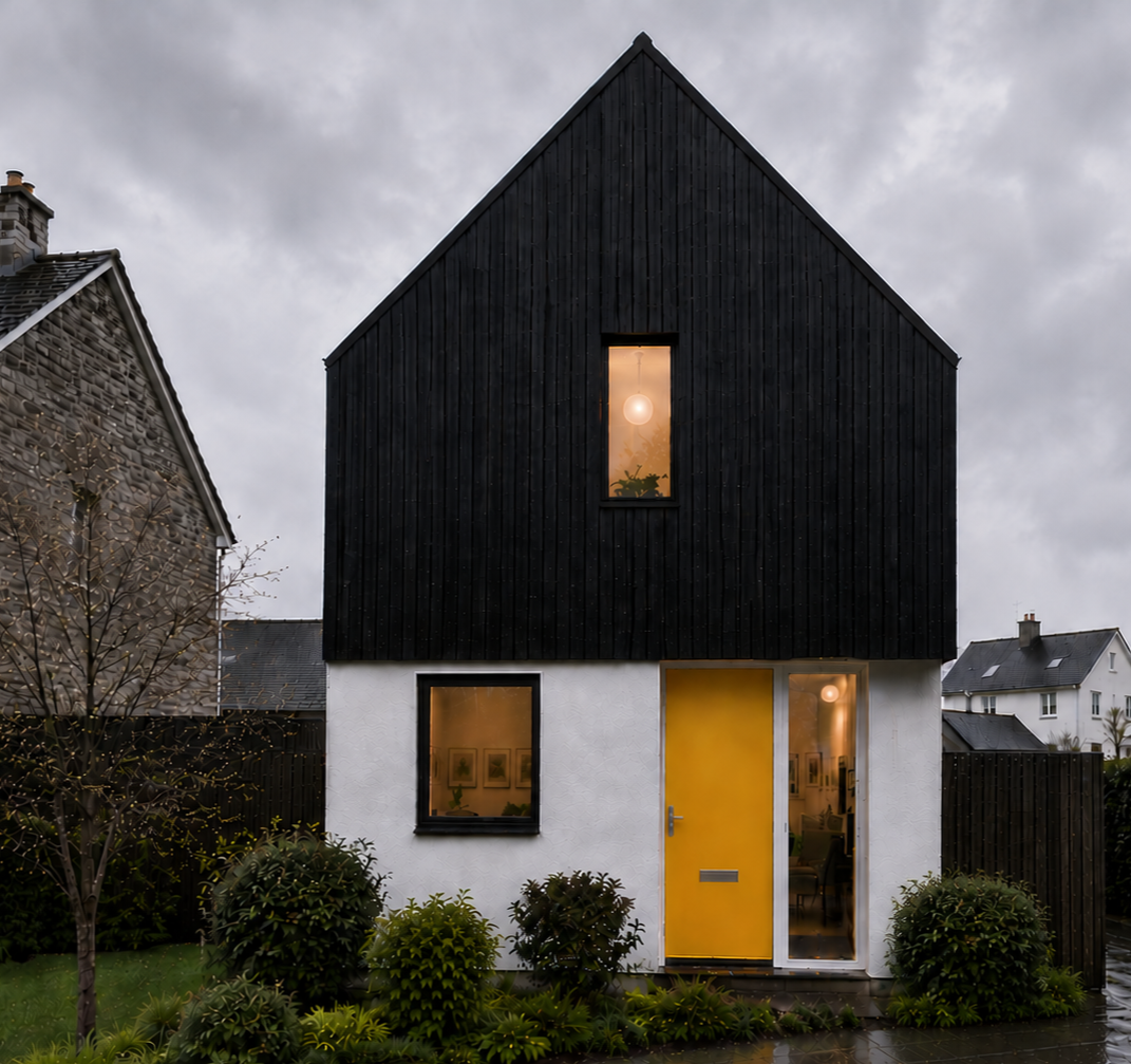 Half House – Front gable view of contemporary black timber-clad new-build house in Cambridge with yellow entrance door by Fen Studio Architects