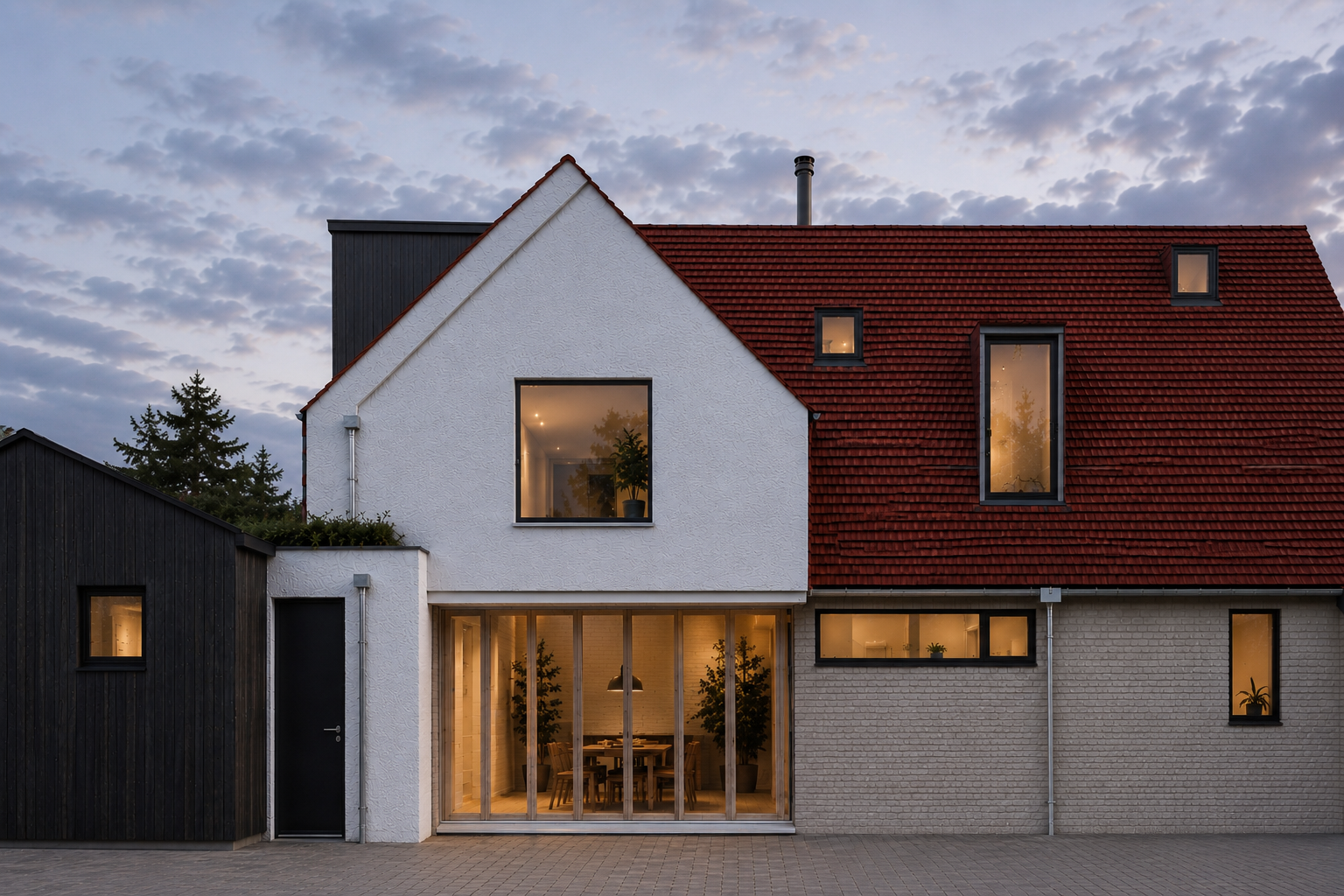 Whittlesford, Cambridgeshire contemporary house with white rendered gable, clay tile-clad roof, recessed dormer windows and warm evening lighting viewed against a dramatic dusk sky
