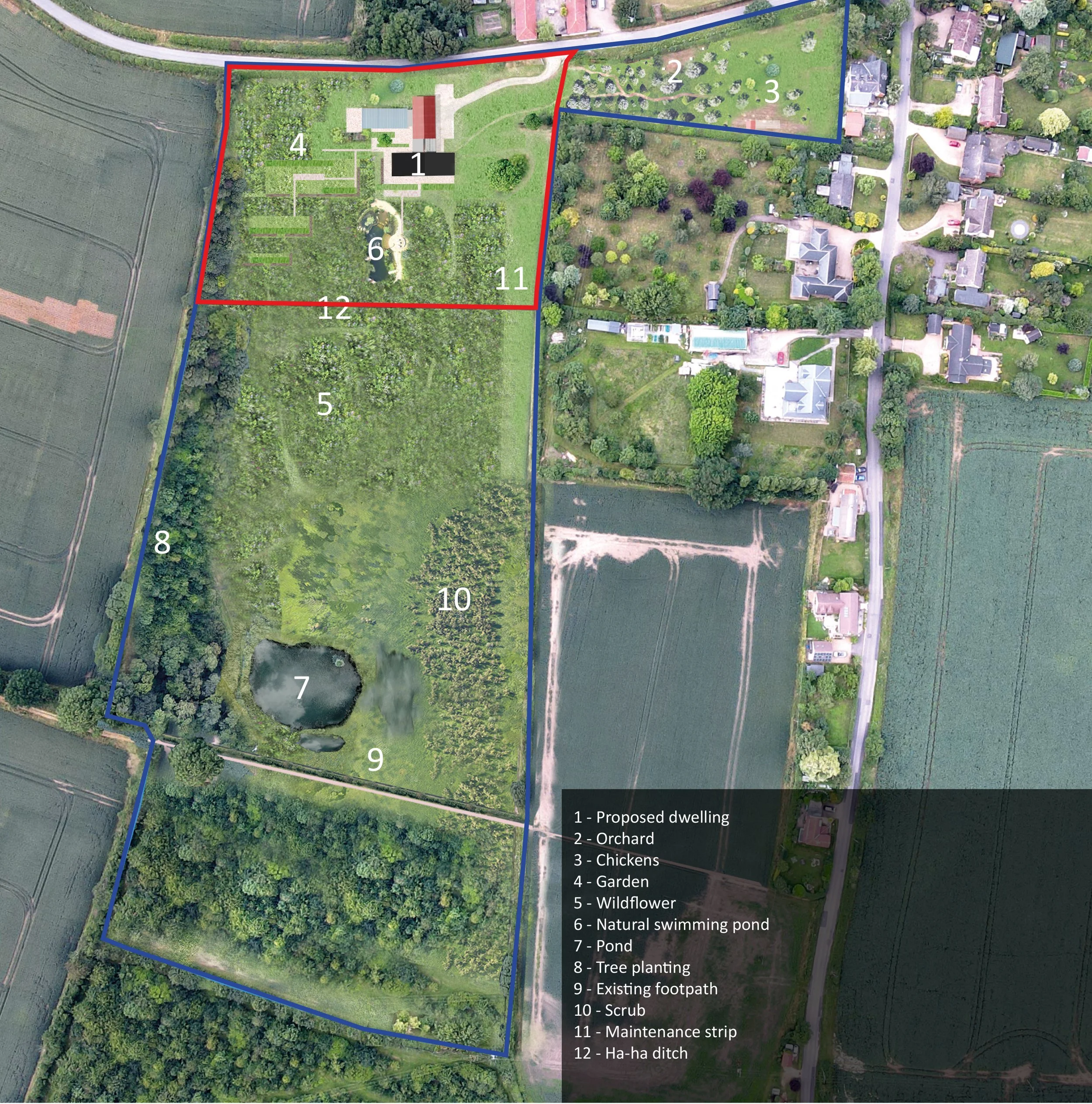 Bungalow Farm – Proposed landscape and biodiversity masterplan aerial showing replacement dwelling, orchard, pond, meadow planting, habitat creation and ecological enhancements in Cretingham, Suffolk