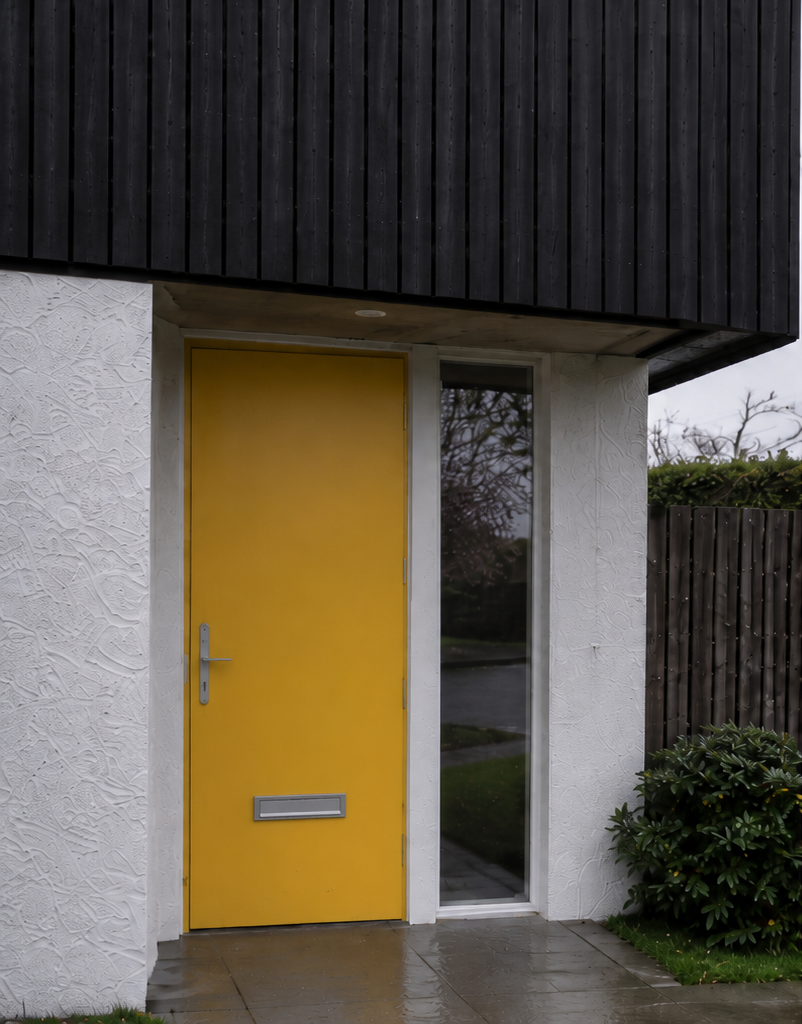 Half House – Entrance detail of contemporary new-build house in Cambridge with yellow front door, white render and black timber-clad upper form by Fen Studio Architects