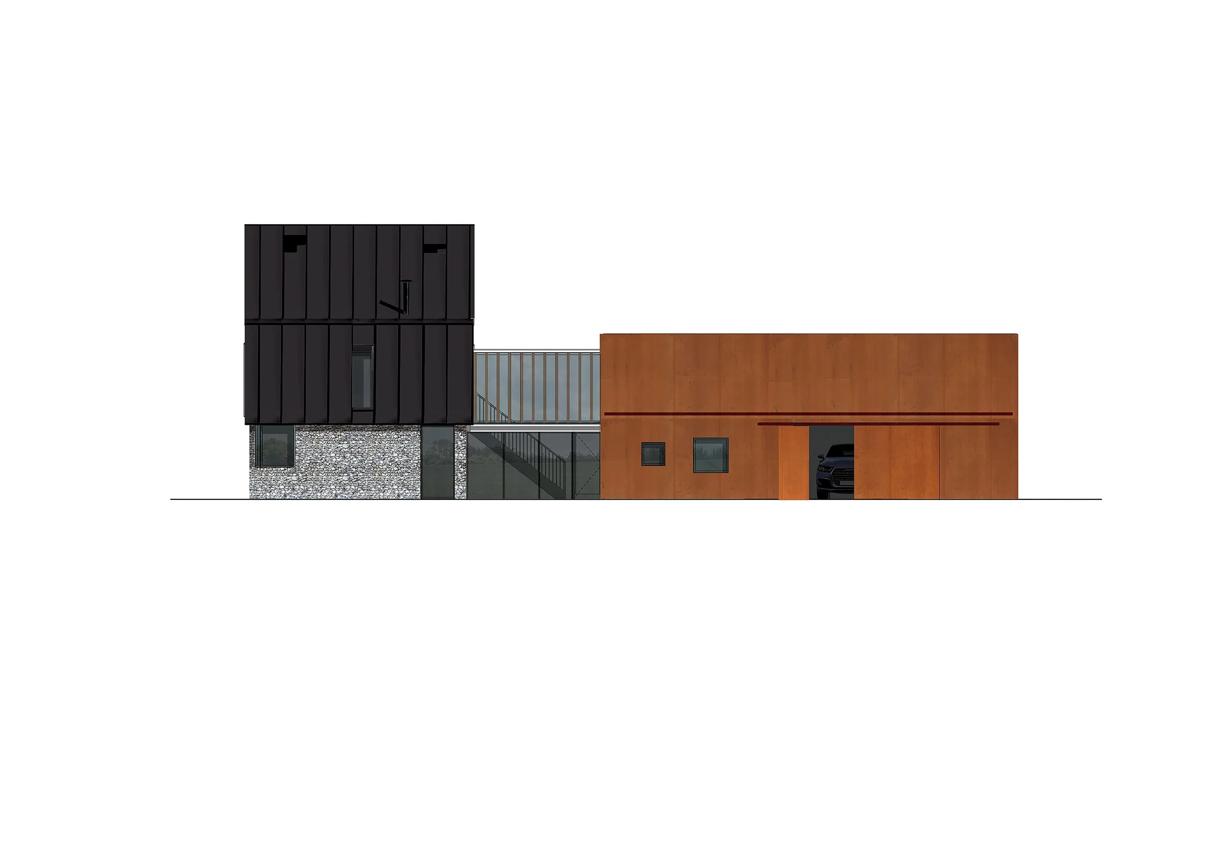 Bungalow Farm – Architectural west elevation drawing of the contemporary replacement dwelling in Cretingham, Suffolk