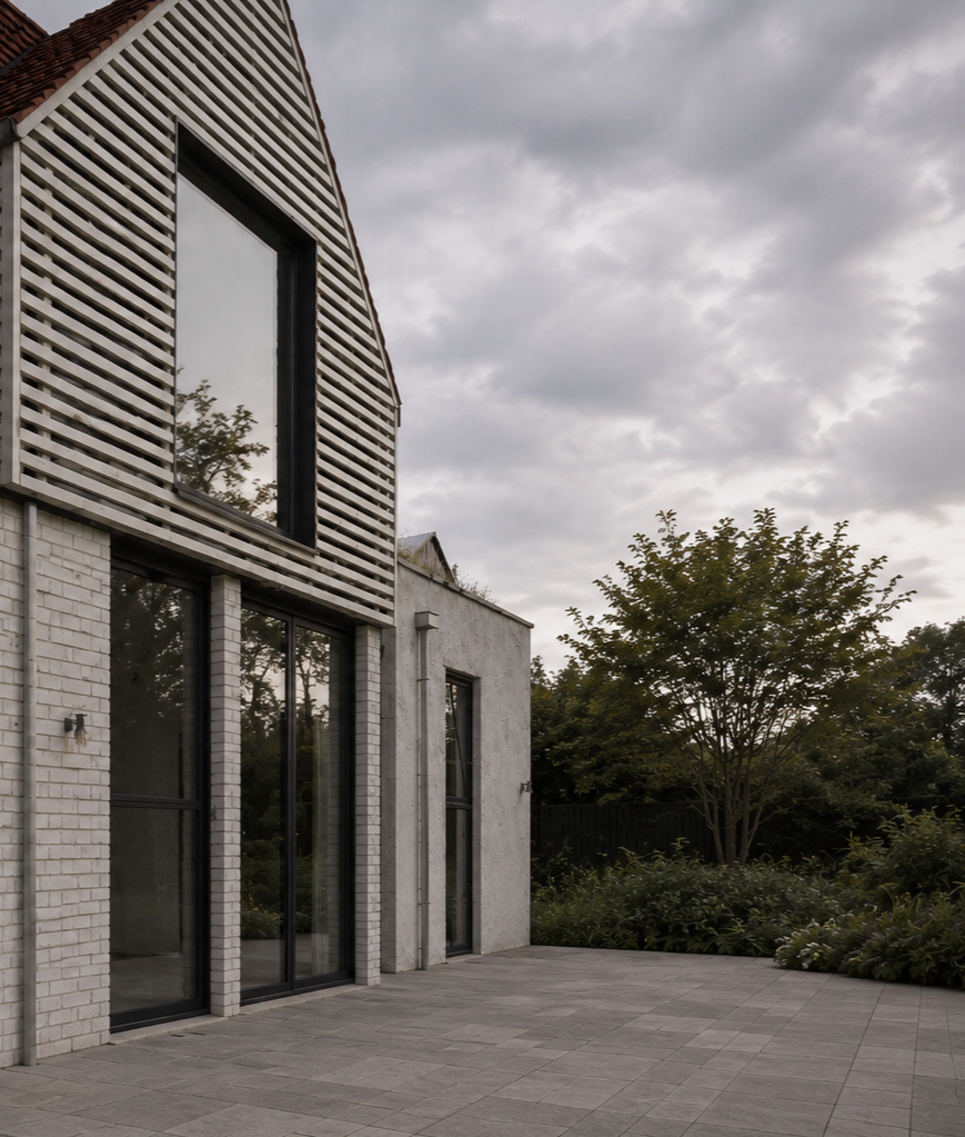Side courtyard view of the contemporary extension at the Whittlesford project in Cambridgeshire, featuring white brickwork, rendered walls and vertical timber cladding