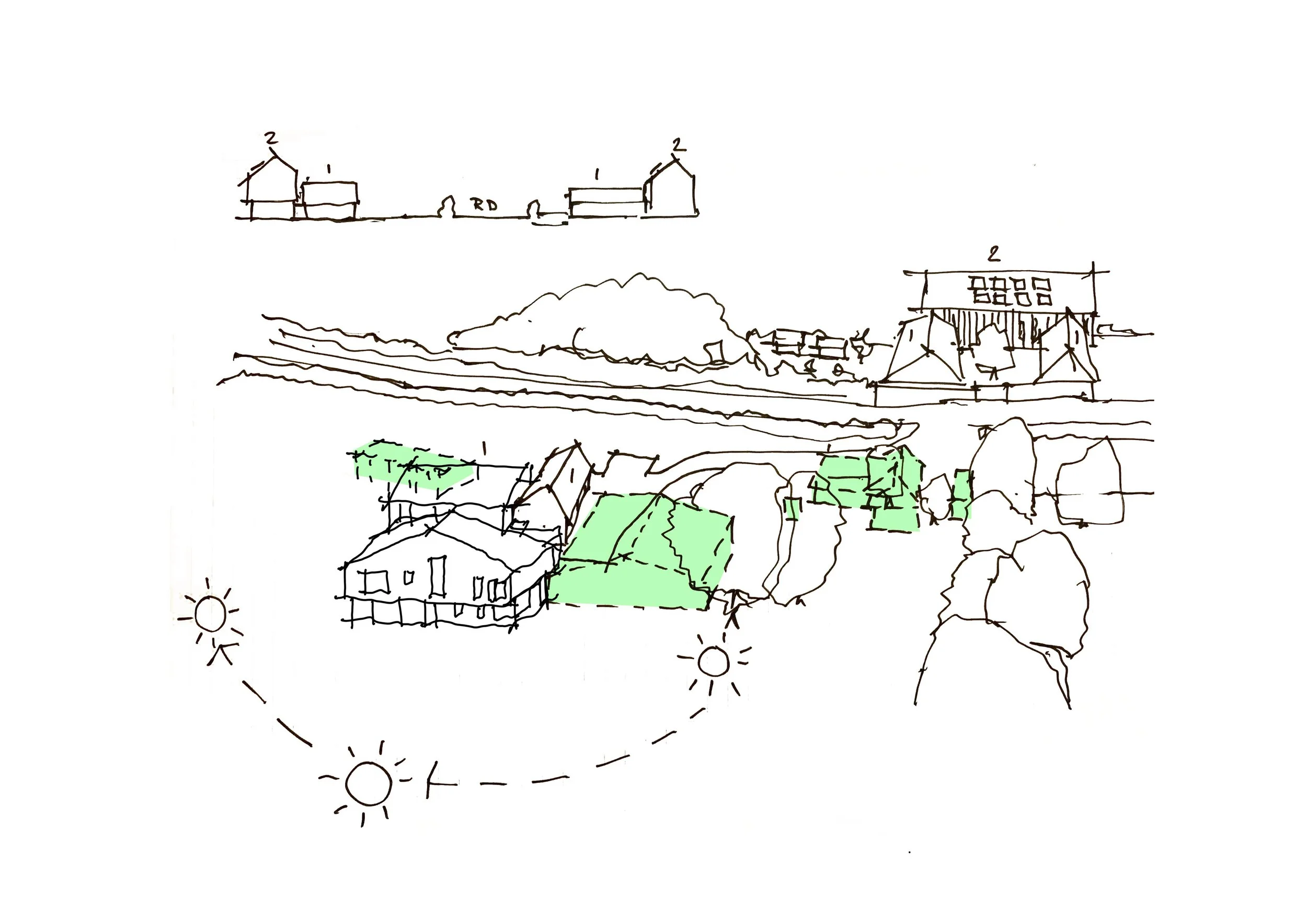 Early concept sketch for Bungalow Farm in Cretingham, Suffolk exploring building massing, landscape integration and solar orientation
