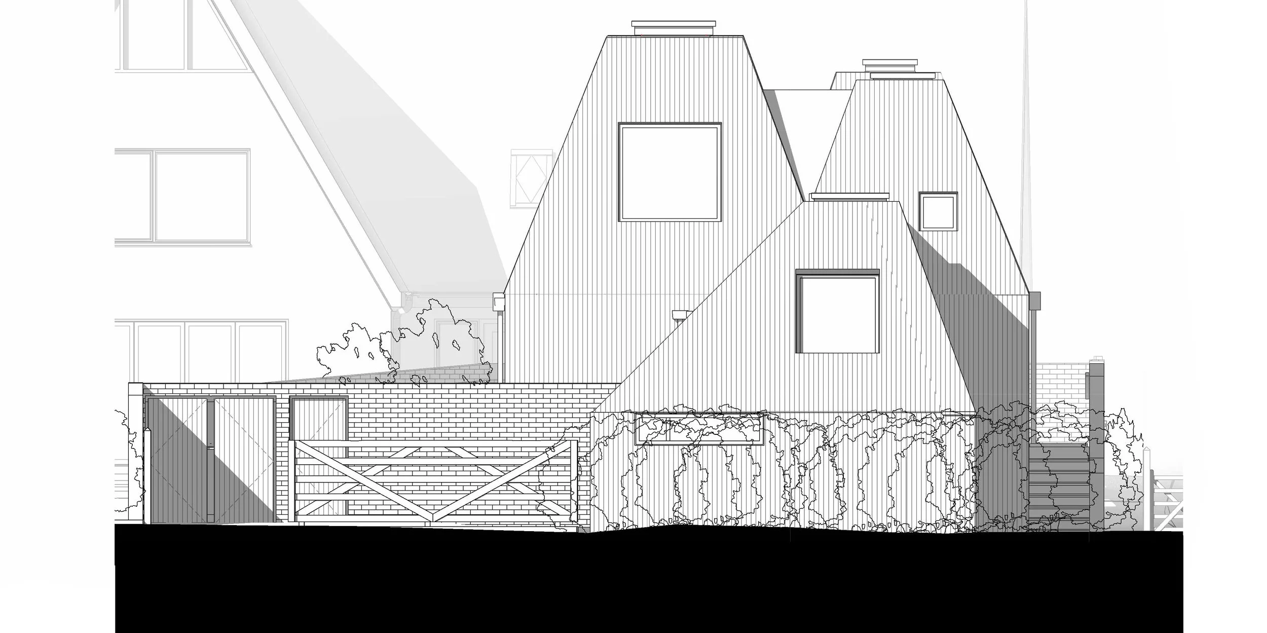 The Studio – East elevation of proposed replacement dwelling in Waldringfield, showing tapered kiln-like roof forms