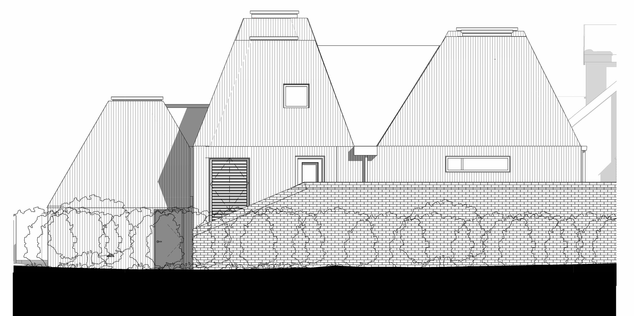 The Studio - North elevation of proposed replacement dwelling in Waldringfield, showing tapered kiln-like roof forms