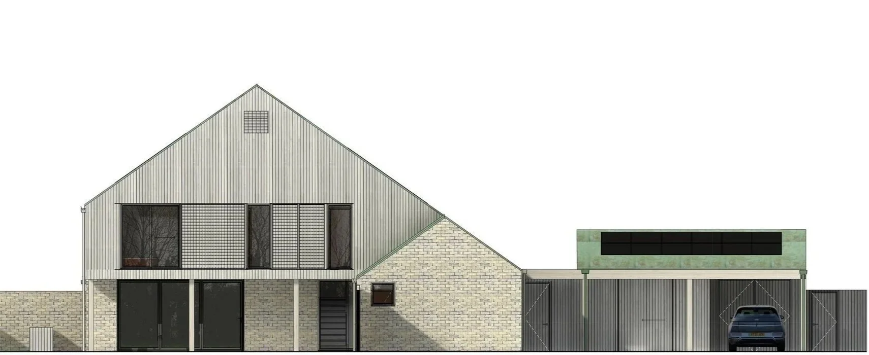 Hereward House – Front elevation drawing of certified Passive House in Aldreth, Ely, Cambridgeshire