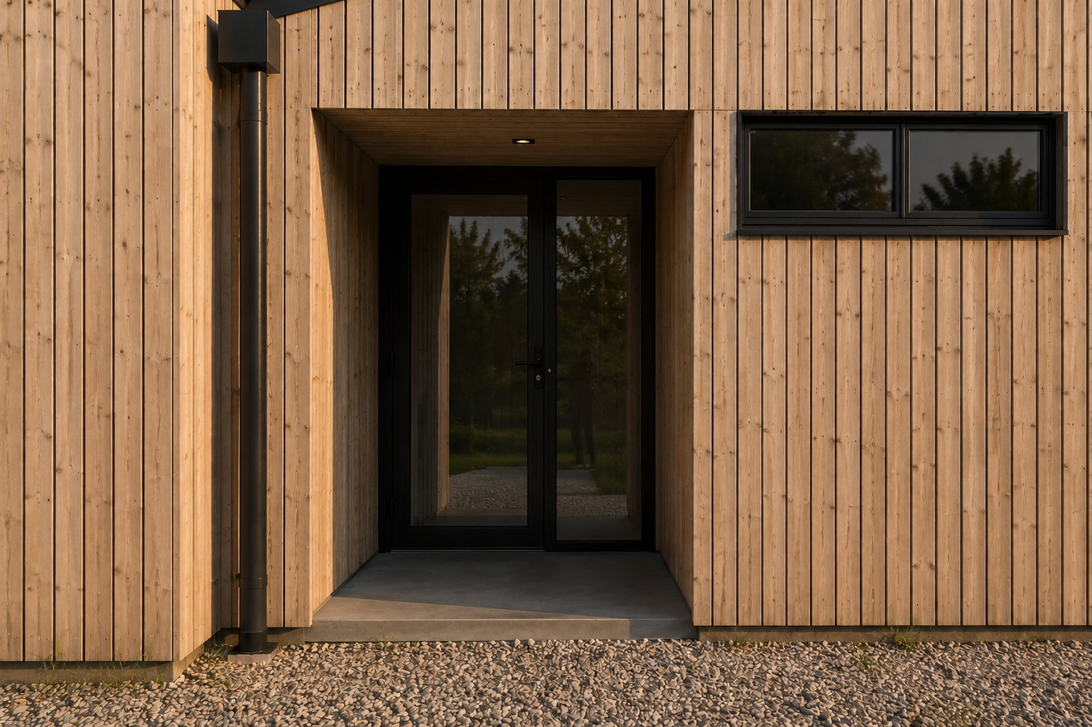 Conifers – Contemporary recessed entrance with vertical timber cladding and aluminium rainwater goods on Suffolk bungalow extension