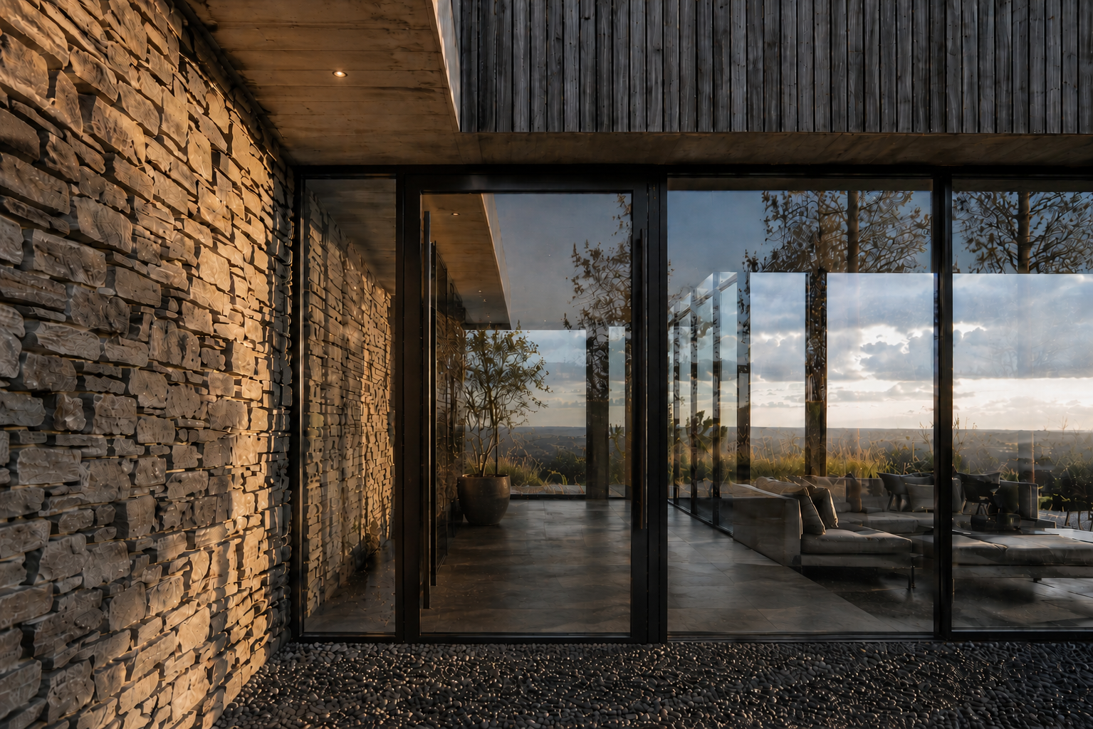Wood Hill - interior view showing natural stone walls and panoramic glazing within a contemporary hillside home in Hampshire
