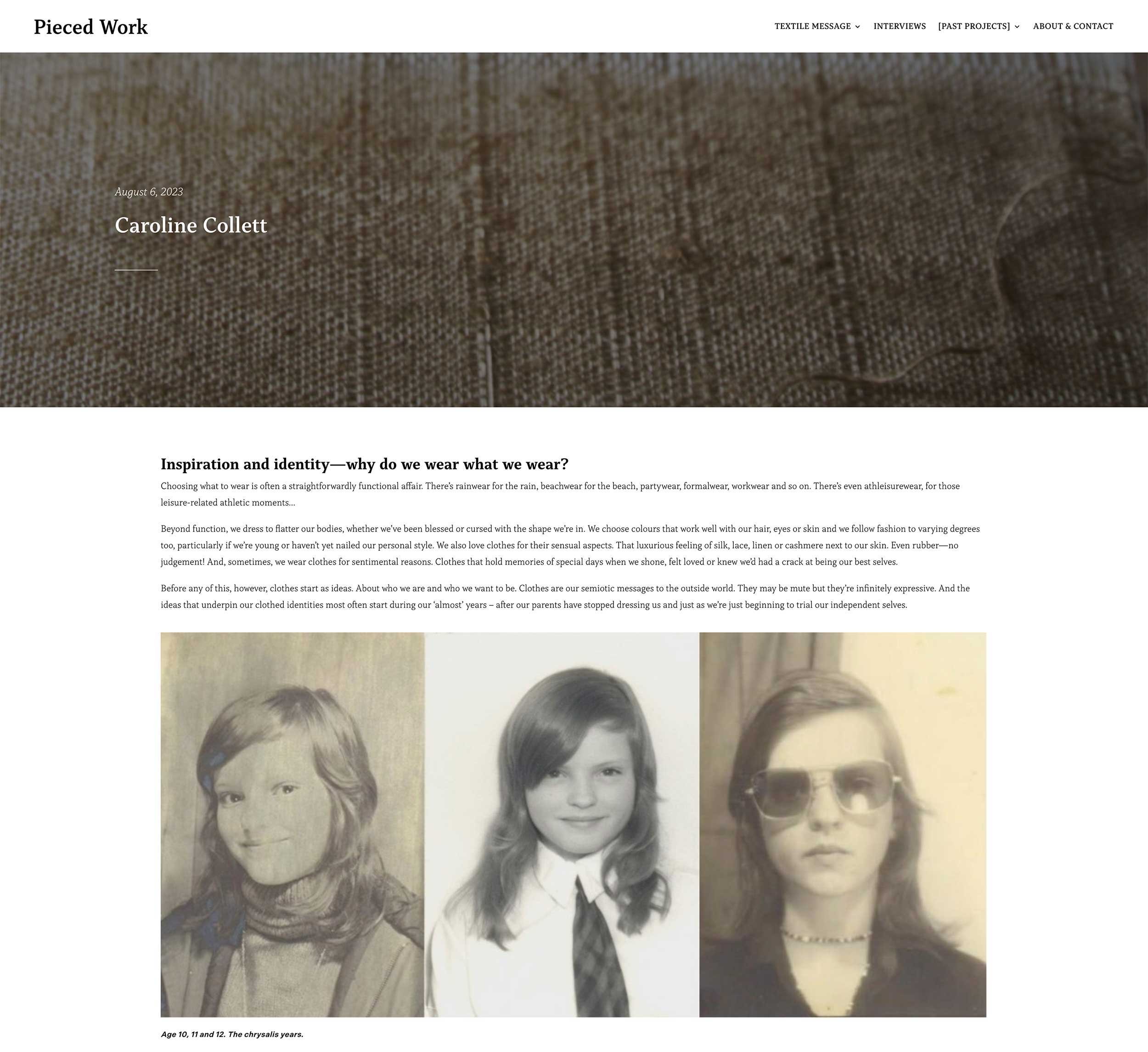 Inspiration and identity – why do we wear what we wear?  
First piece in Series III of Textile Message on Pieced Work literary project website, 2023