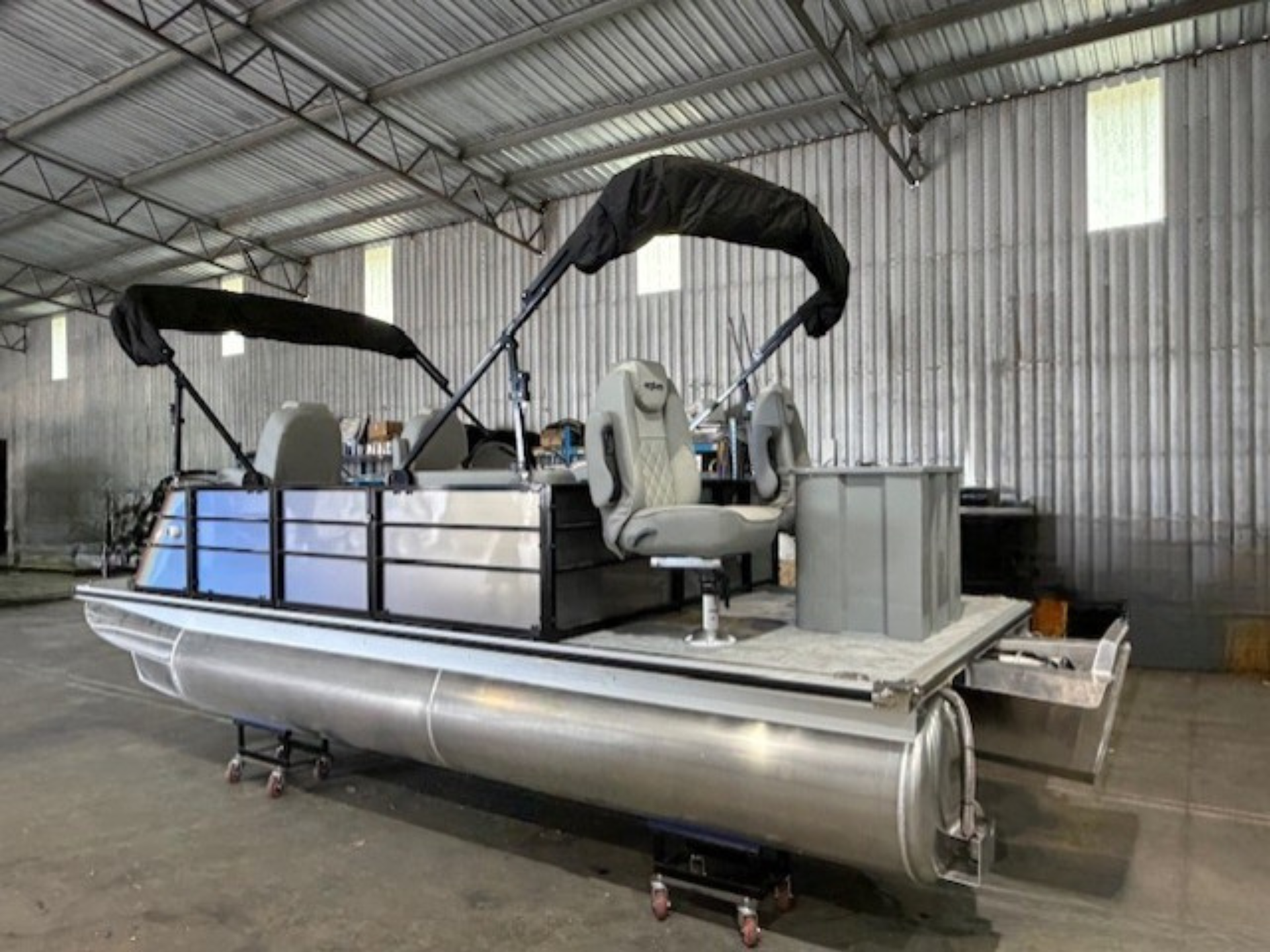 Rear side view fishing pontoon boat