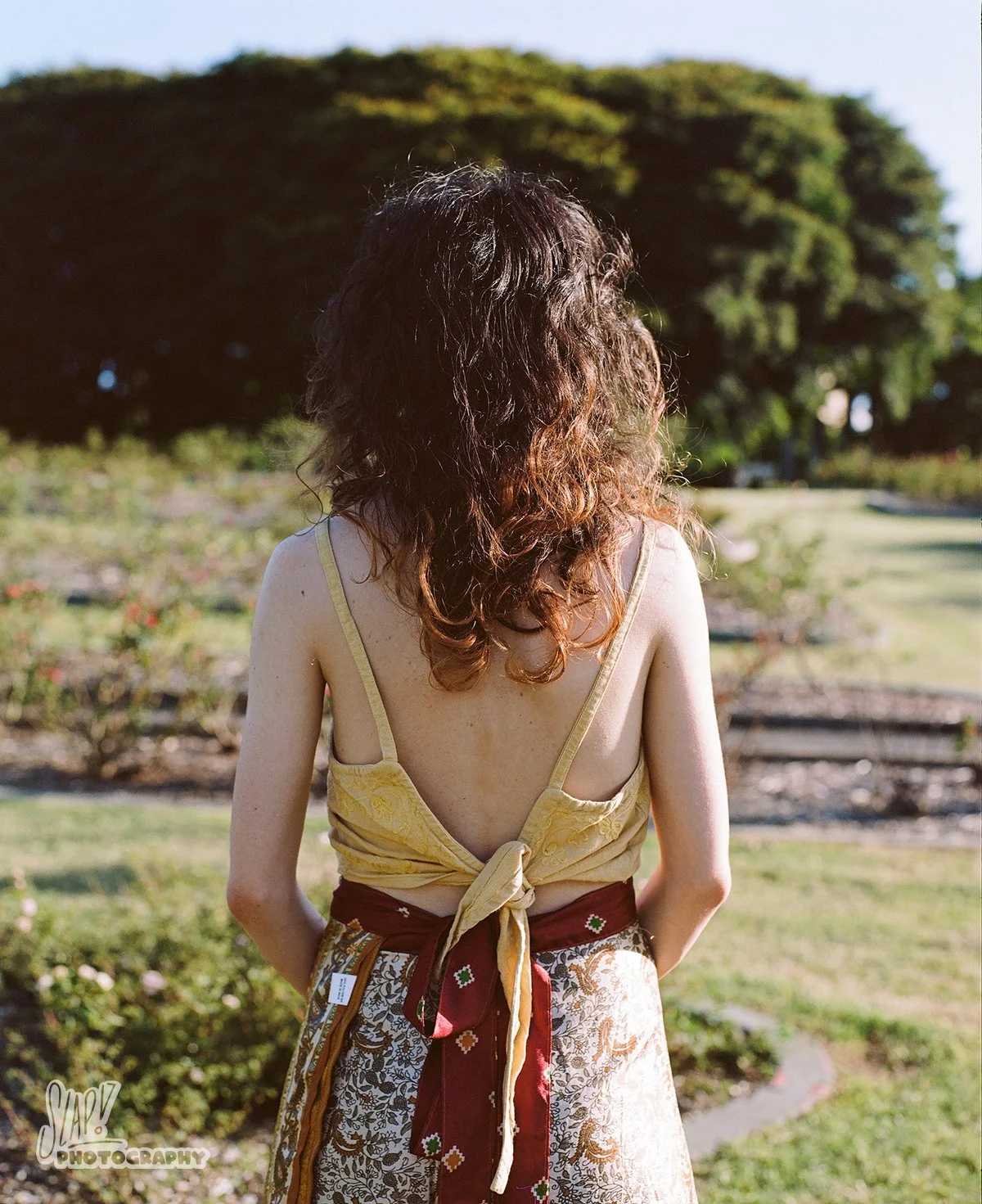 Pretty young lady standing in rose garden