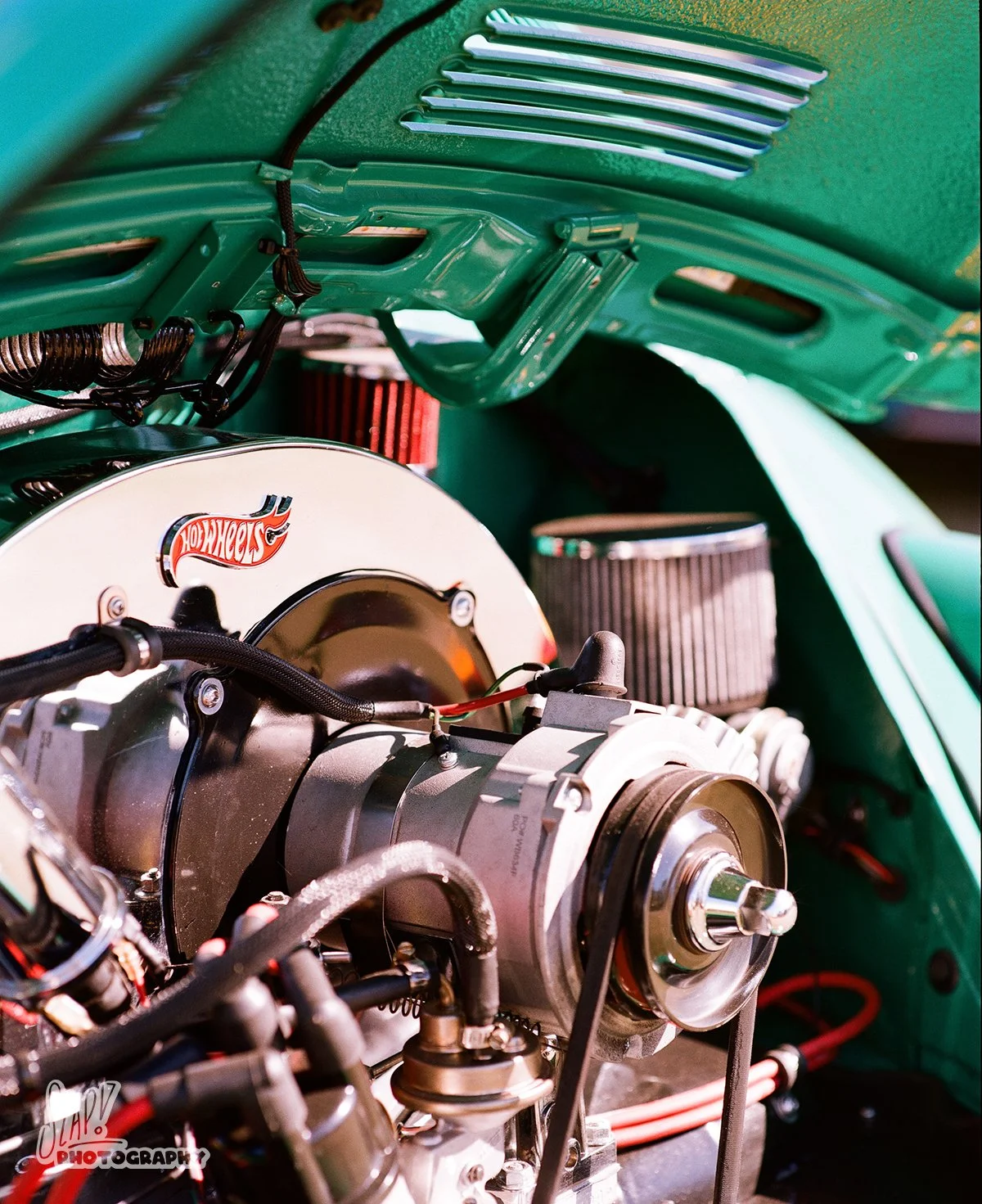 Green Volkswagen Beetle Engine Bay with Hot Wheels Badge