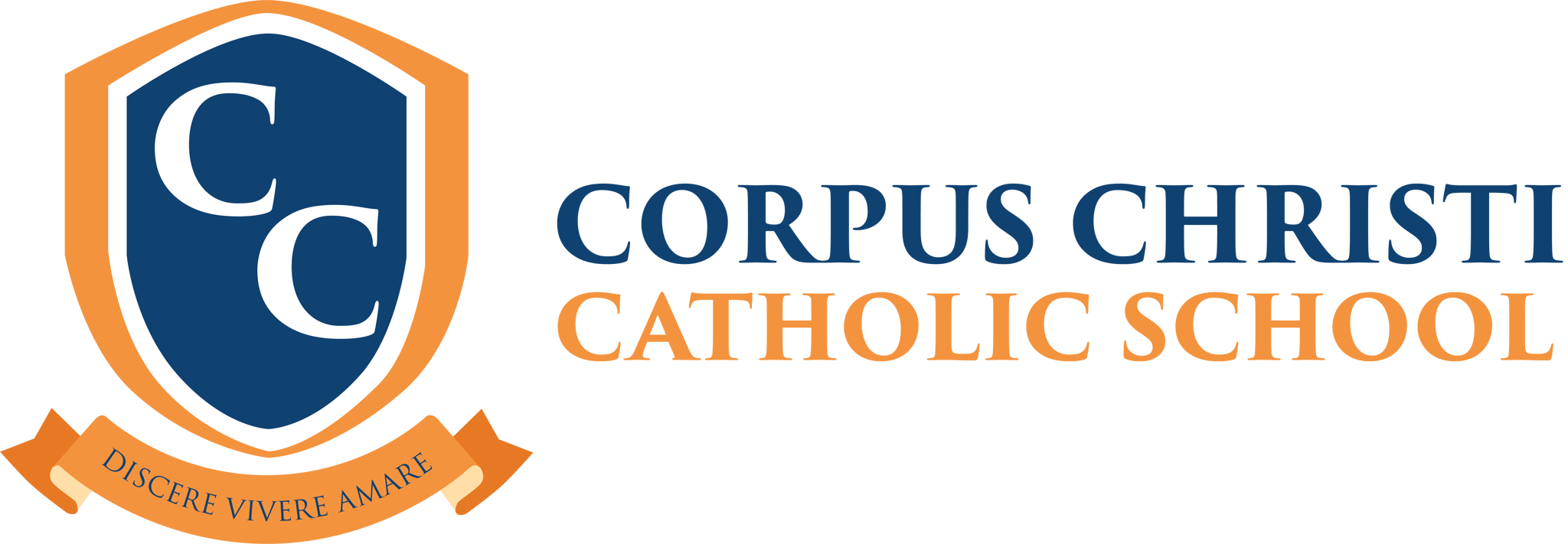 Logo for Corpus Christi Catholic School featuring a shield with the initials 'CCC' and a ribbon with the Latin phrase 'Discere Vivere Amare'