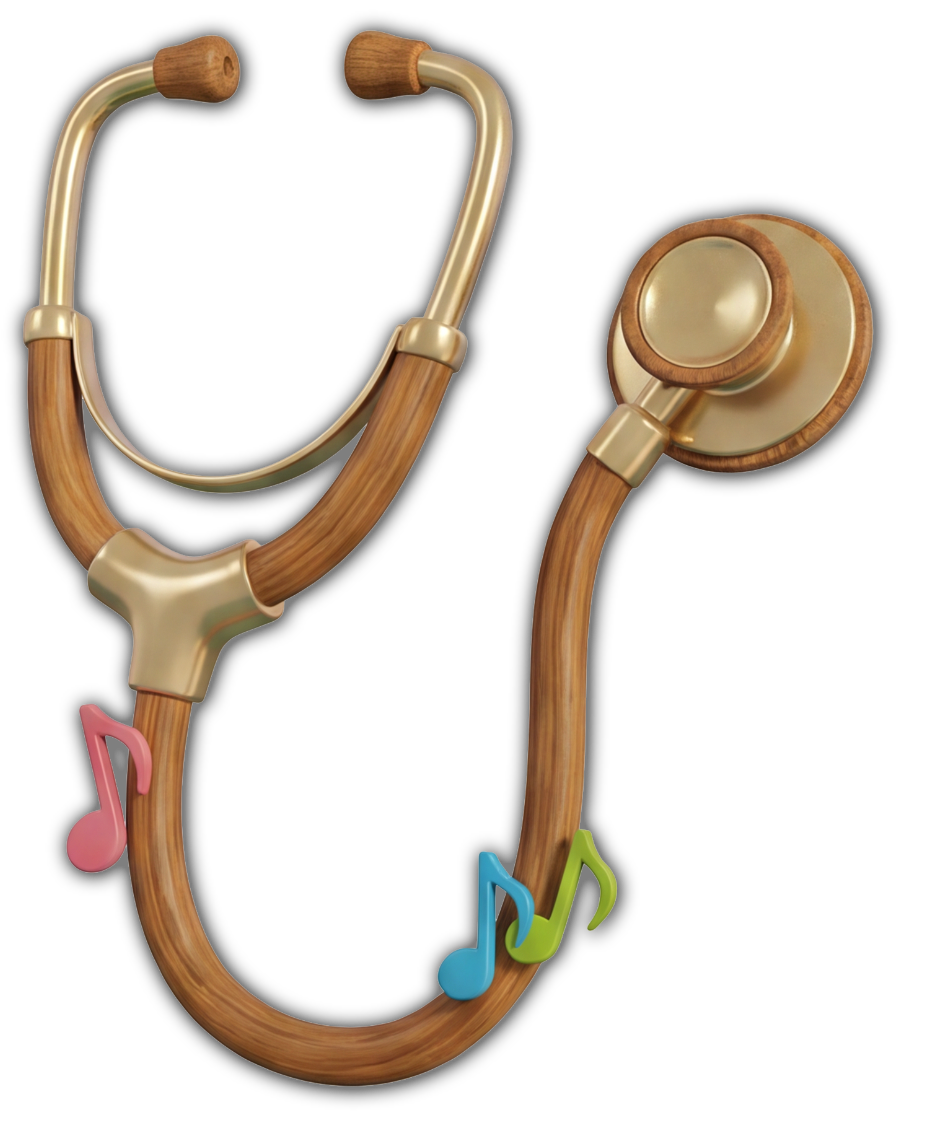 A stethoscope with a wooden finish and musical notes attached to it, set against a black background.